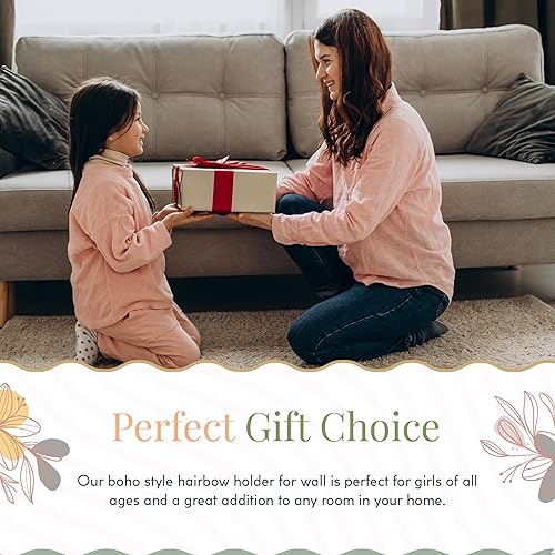 Miniatura 7 de Organizador de lazo para bebé para niñas, lazos para el cabello, clips y diademas - Soporte de arco de macramé bohemio con marco circular de latón