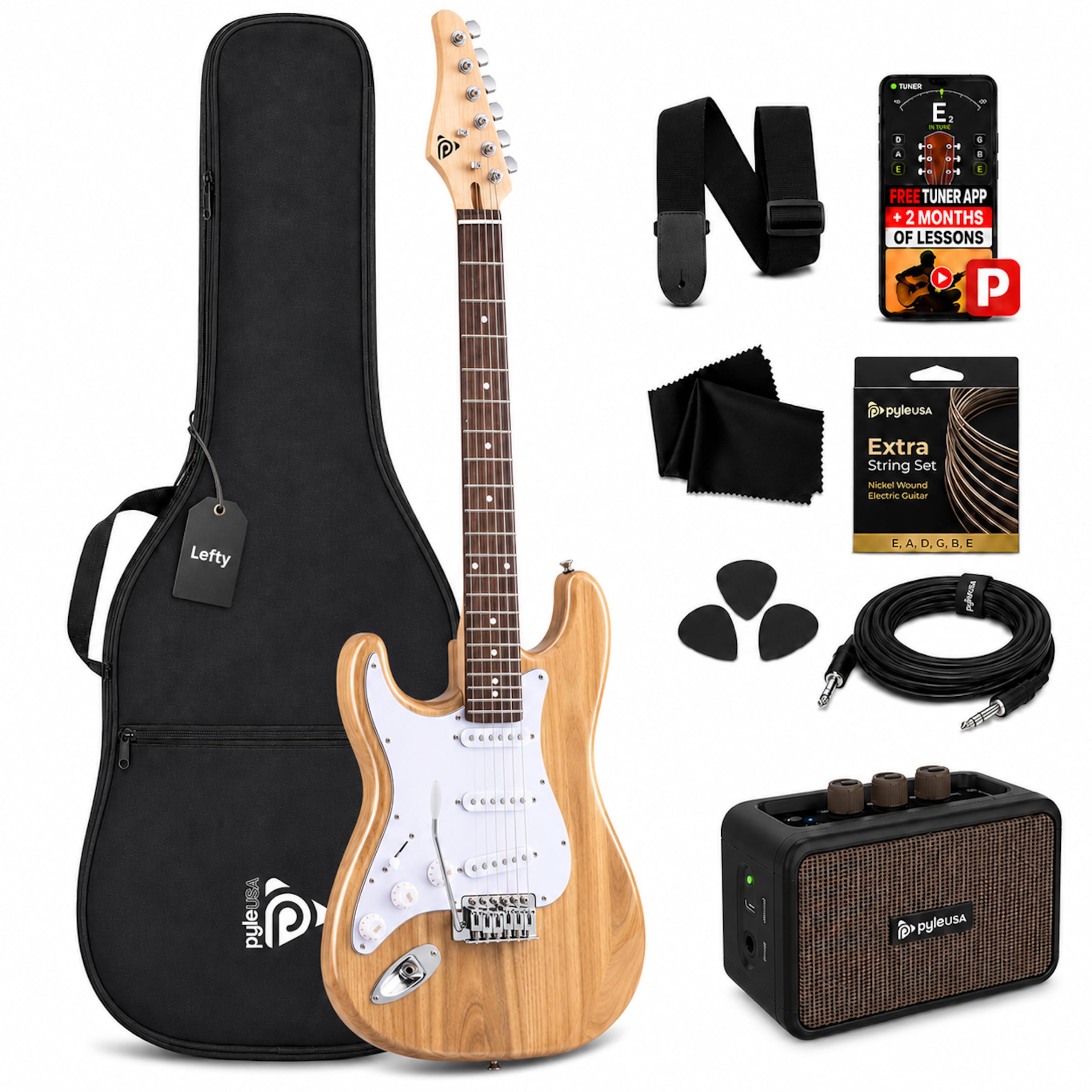 Pyle Full Size Electric Guitar Kit 97cm, 22 Fret Beginner Guitars Bundle 5W Amp, With Gig Bag, Picks, Spare Strings, Strap, and ST-Style Paulownia Body, Right Hand, Natural Left