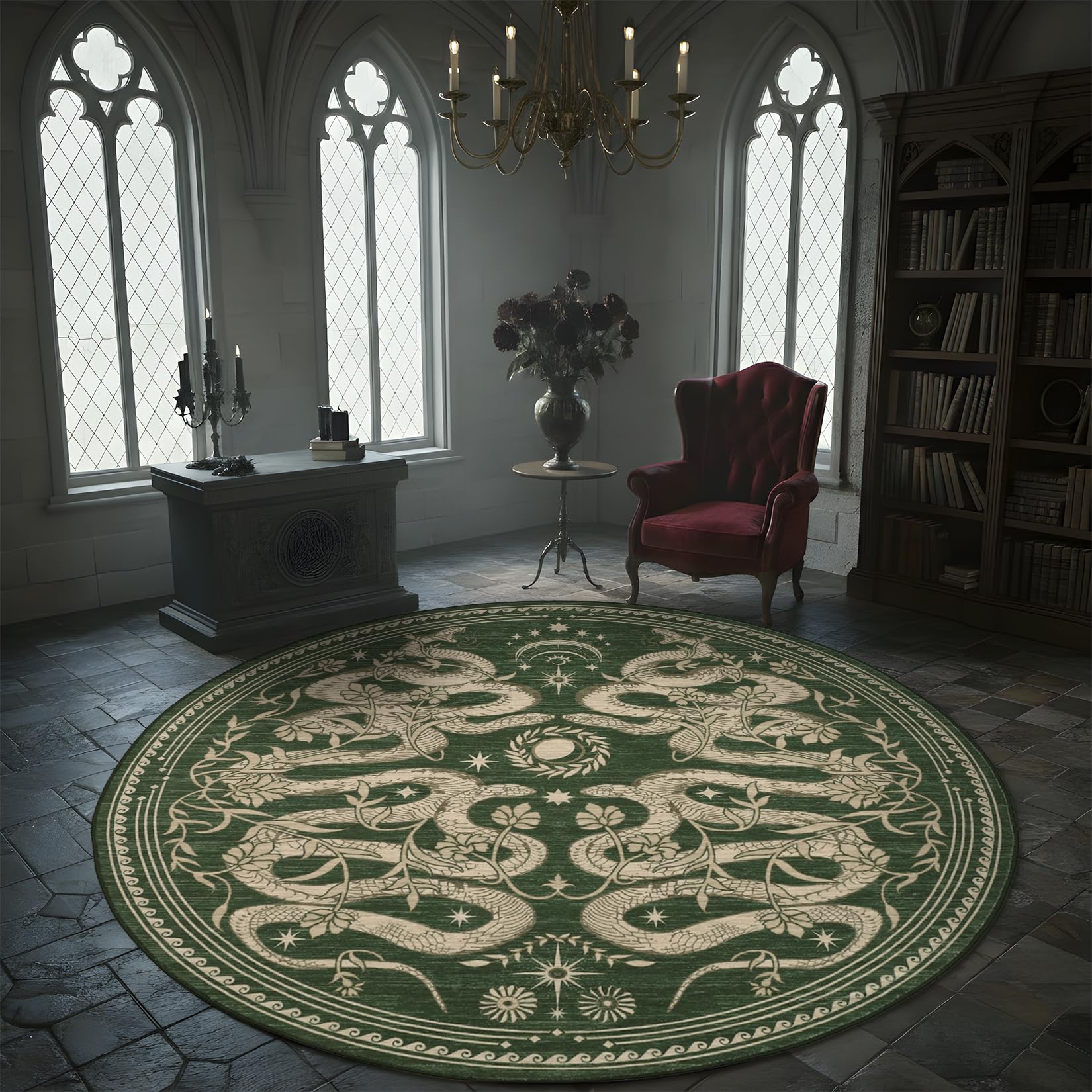 ROYHOME Snake Gothic 5ft Round Rug Washable Non-Slip Green Dark Whimsical Witchy Moody Unique Soft Circle Decor for Living Room Bedroom Indoor
