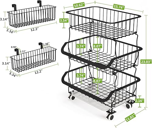 Miniatura 8 de Cesta de frutas 1Easylife - Cesta apilable de alambre de metal de 4 niveles con ruedas rodantes estante de utilidad para cocina despensa garaje con