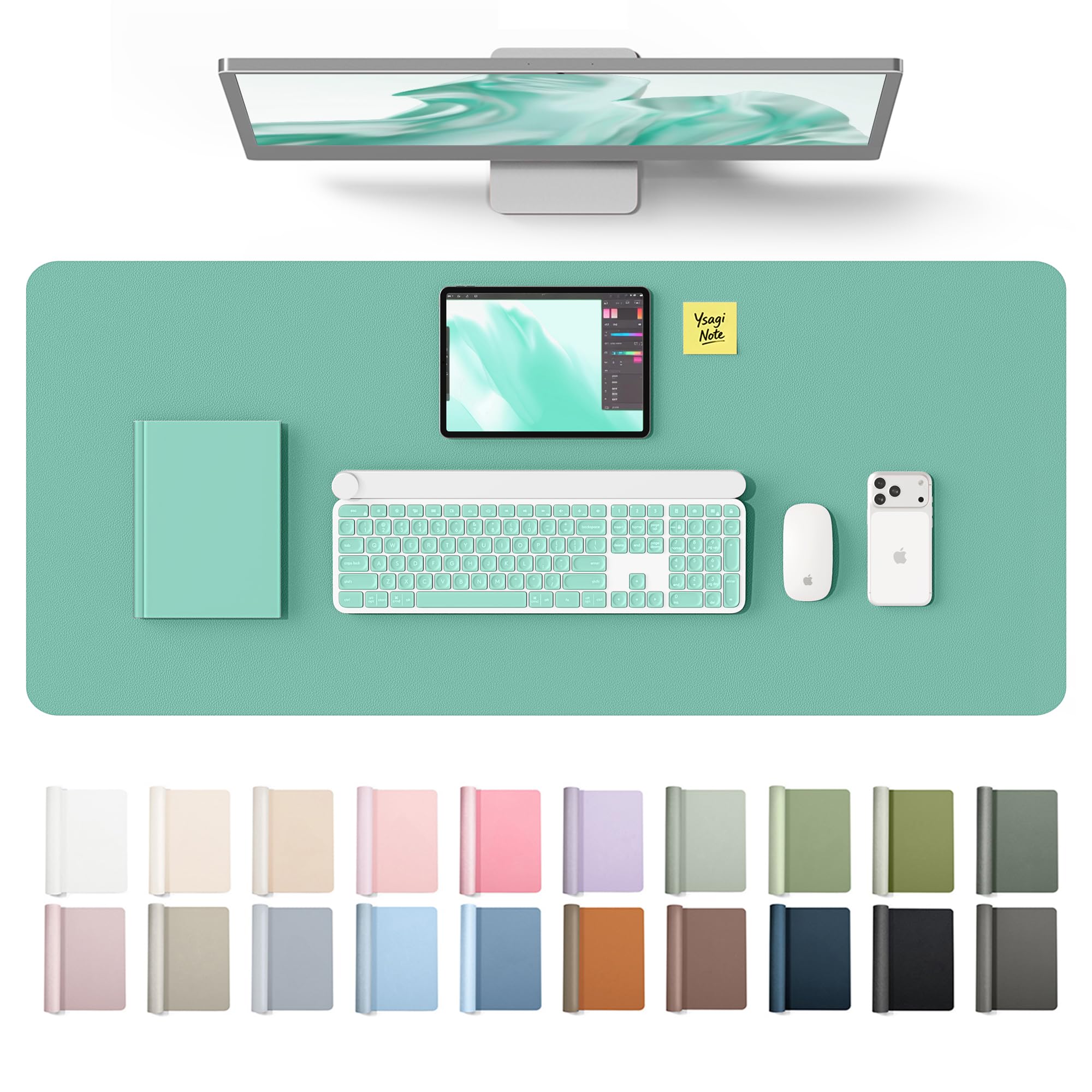 YSAGi Leather Desk Protector, Office Mat, Large Mouse Mat, Non-Slip PU Leather Blotter, Laptop Desk Mat, Waterproof Writing Pad for Office and Home(Green-Blue, 42" x 17.2")