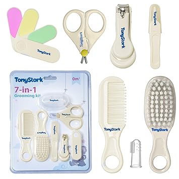 Tony Stark 7-in-1 Baby Grooming Kit – Portable Newborn Care Set with Finger Brush, Hair Brush, Comb, Nail Scissors, Nail Clipper, Tweezers & Nail File – for Newborns, Infants & Toddlers (White, 0M+) - image, photos
