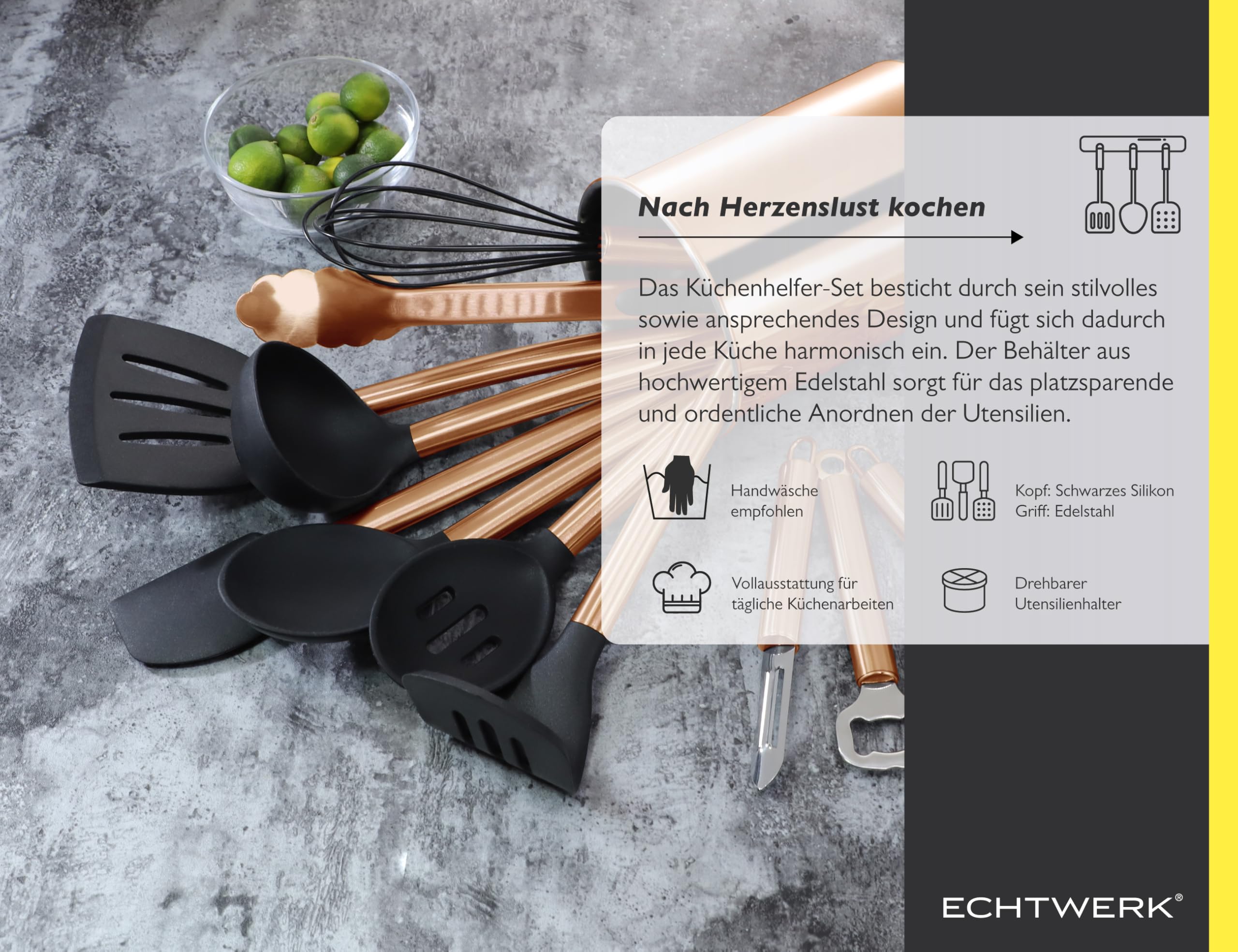 ECHTWERK Utensilios de cocina, juego de utensilios de cocina de 12 piezas, utensilios de cocina con mango de acero inoxidable, soporte para utensilios, silicona antiadherente, Negro-Edición