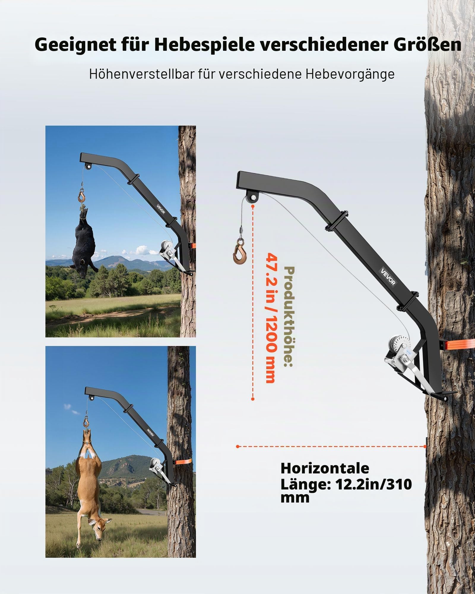VEVOR Game Hoist zur Baummontage, Tragkraft 160 kg, Wildhebezeug mit Ratschengurt, Hochleistungs-Hirschaufhänger zum Häuten, Säubern, Aufhängen von Wildtieren, 1200 x 310 x 130 mm, Schwarz