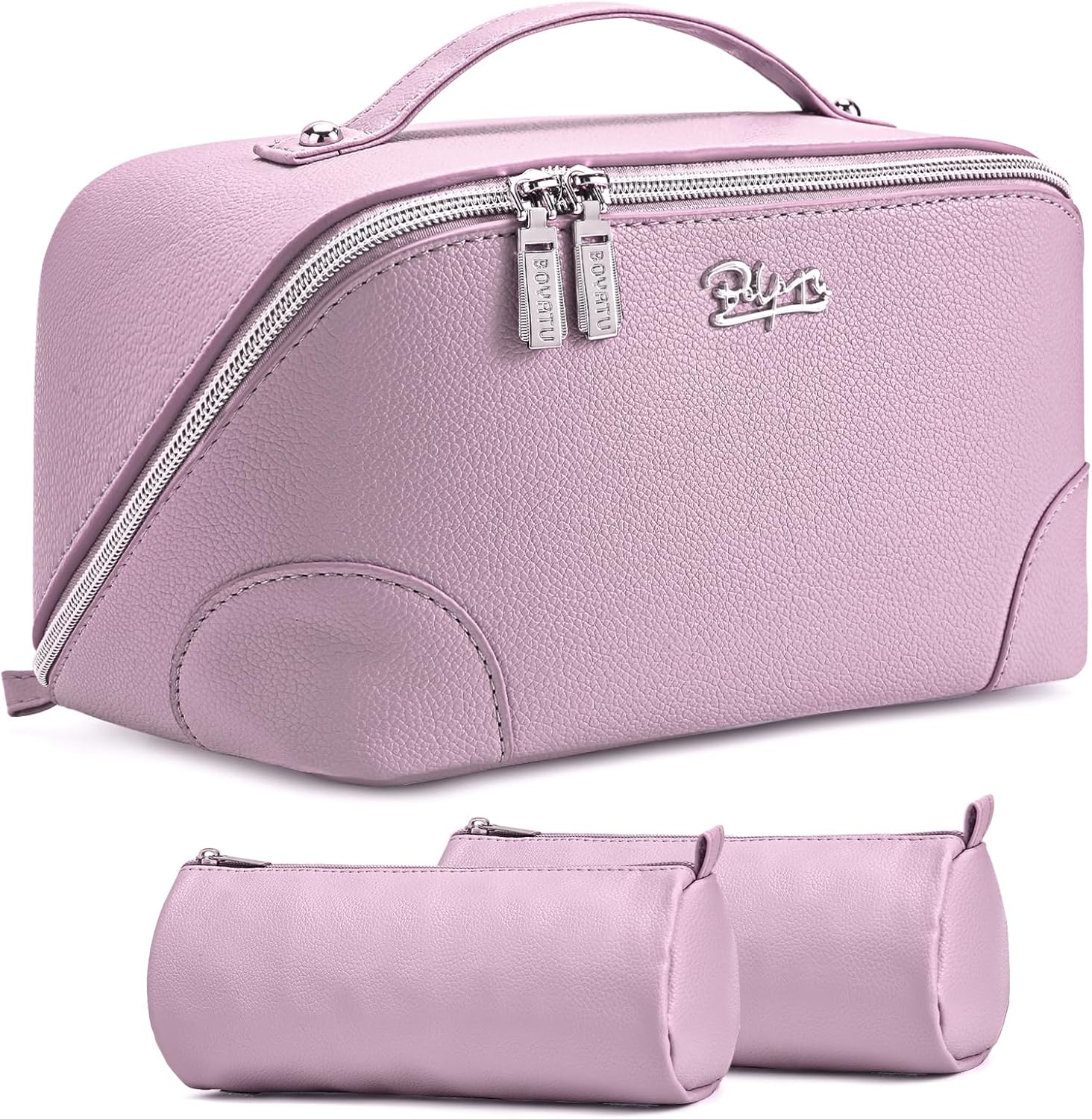 BOYATU Travel Makeup Bag Cosmetic Bags for Women: 3 Pcs Set Portable Make up Bag with Handle - PU Leather Toiletry Bags with Compartments - Makeup Organizer for Travel Essentials(L-1-Brown)