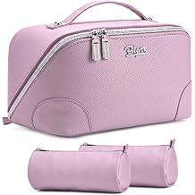 BOYATU Travel Makeup Bag Cosmetic Bags for Women 3 Pcs Set Large Capacity Make up Bag with Handle - Waterproof Vegan Leather Toiletry Bags Travel Essentials with CompartmentsC-4-Purple