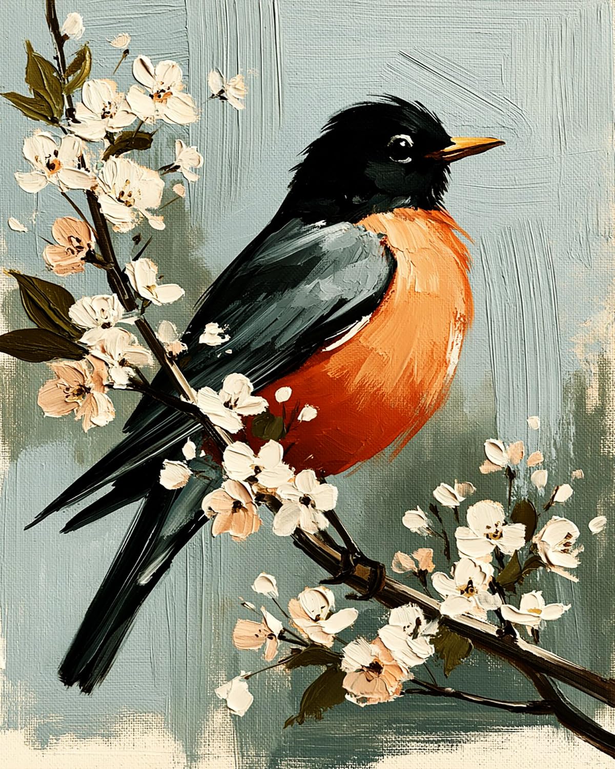 Liubaishi Black, Orange, White, Grey Paint By Numbers Kit For Adults, Bird On Spring Blossom Branch, 40X50 Cm, Acrylic On Canvas