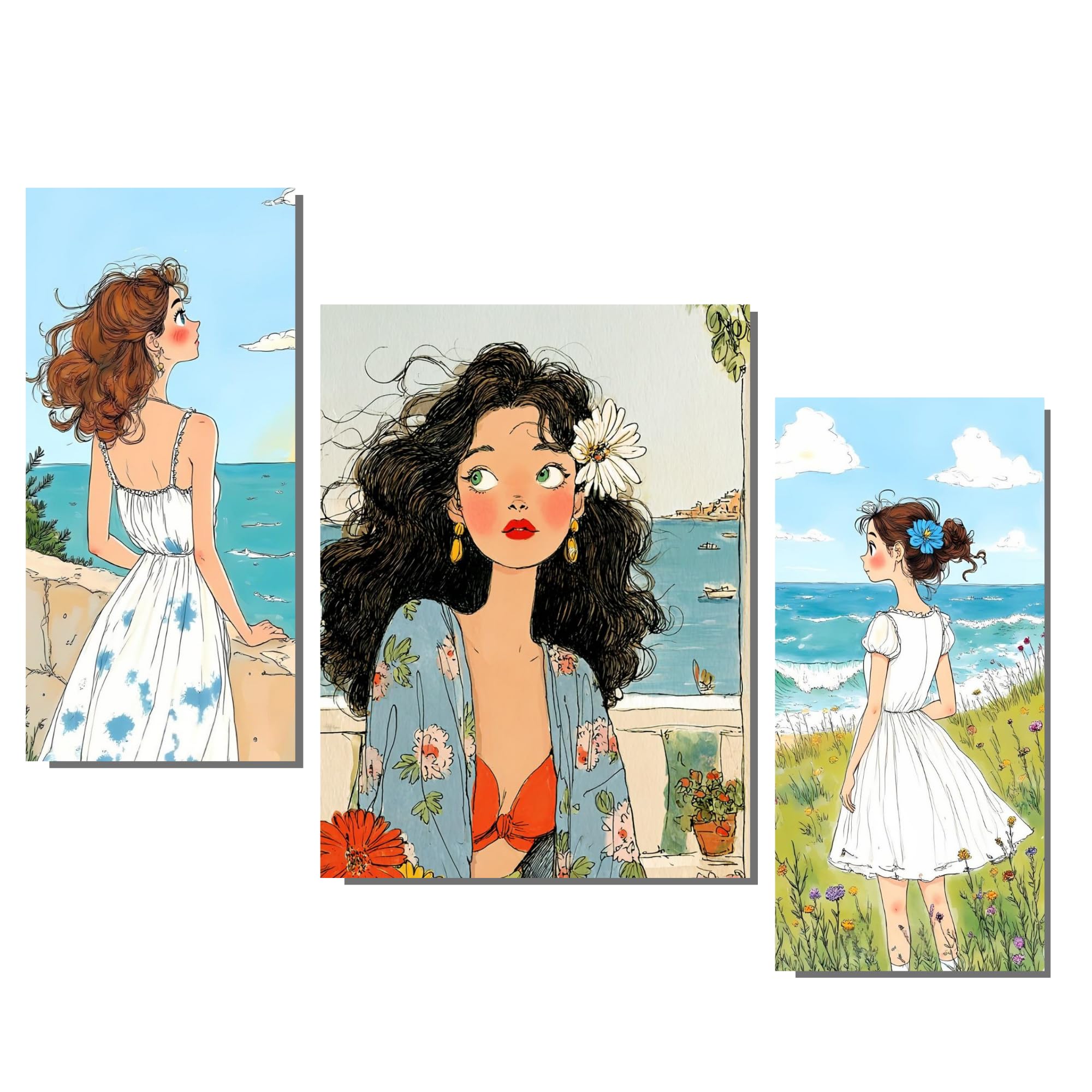 Visaan Wall Decor for Living Room- Mediterranean Summer Sketch Wall Hangings for Home Decoration-Double Tape wall decor, Beautiful Girl Daisy Hair and Ocean Air Theme, European Seaside Diary Wall Art for Decoration-image-46