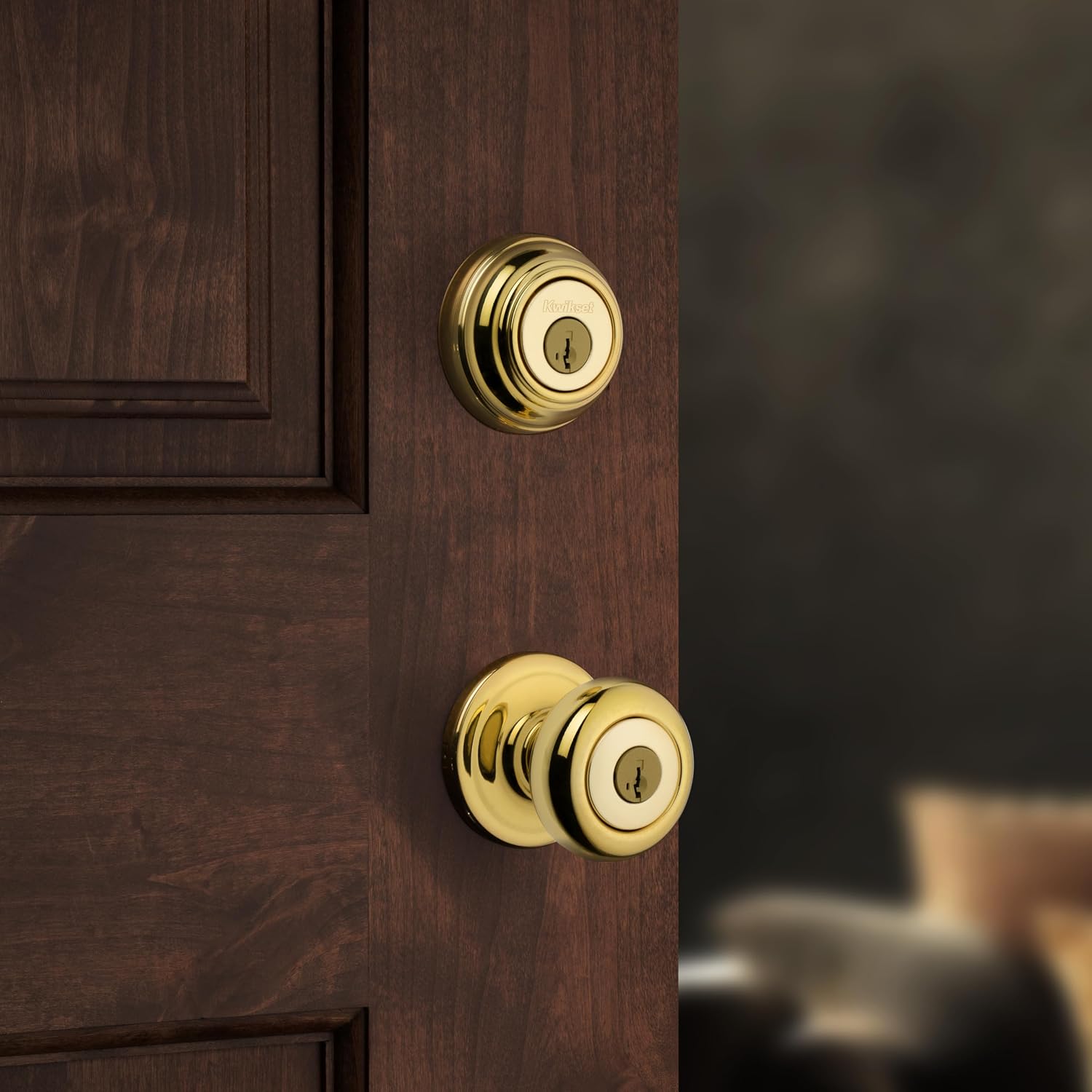 Kwikset Juno Keyed Front Door Knob and Deadbolt Set, Entry Knob Combo Project Pack Exterior with Interior Door Knob, Polished Brass, Pick Resistant SmartKey Rekey Deadbolt Security
