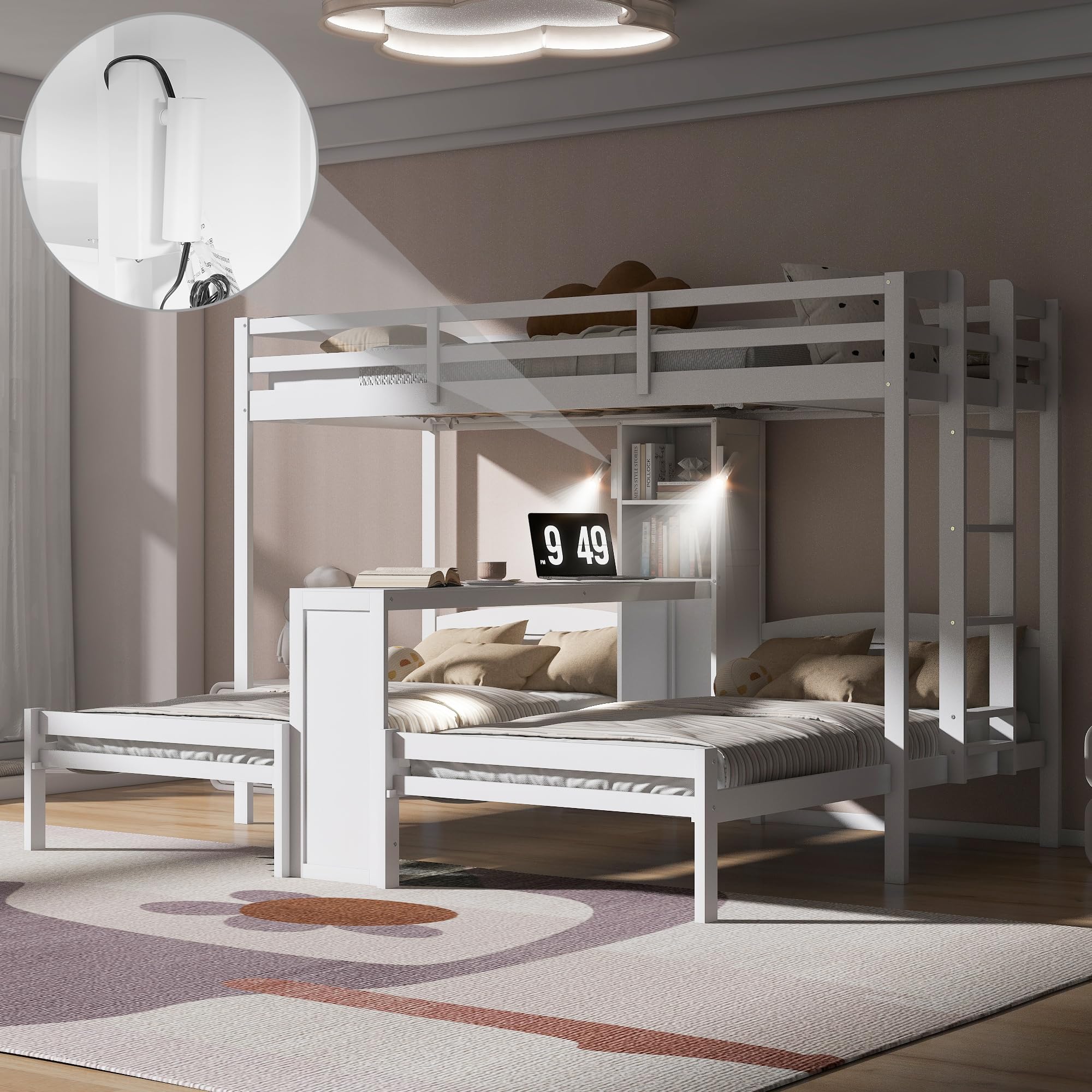 VilroCaz Twin Over Twin &amp; Twin Bunk Bed with Built-in Desk and Storage Shelves, 3 Beds in 1 Design Solid Wood Triple Bunk Bed with Reading Lamp and Guardrails for Kids Teens Aldults (White-2.14)