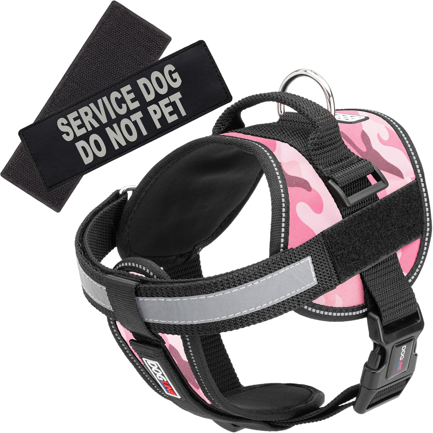 Dogline Unimax Dog Harness Vest with Service Dog Do Not Pet Patches Adjustable Straps Breathable Neoprene for Identification Training Dogs Girth 15 to 19 in Pink Camo