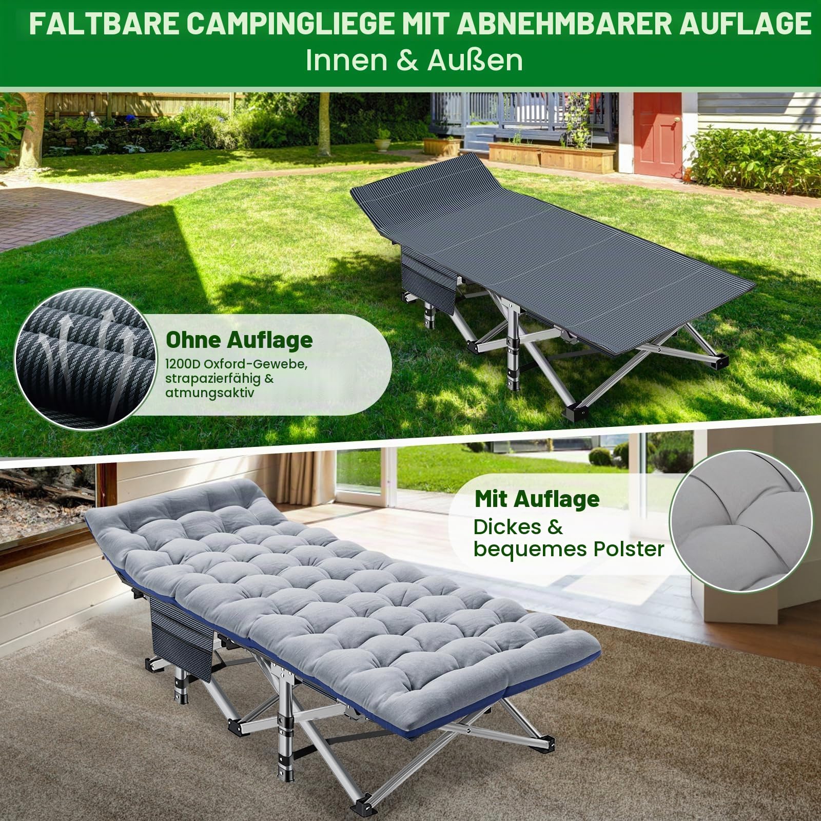 2er Feldbett Klappbar mit Matratze, Campingbett Breite 68cm Tragfähigkeit 400kg, Klappbett/Gästebett Mit Aufbewahrungsbeutel, Relax Liege/Geeignet für Strandgärten, Camping, und Entspannung
