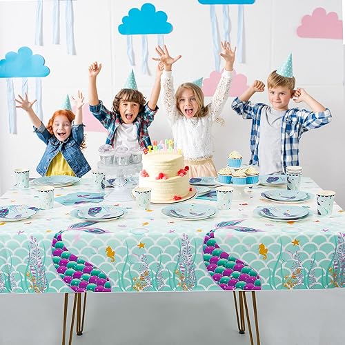Miniatura 7 de WERNNSAI Mantel de mesa de sirena, paquete de 2 manteles de plástico estampados desechables de 108 x 54 pulgadas, suministros de fiesta para niños y