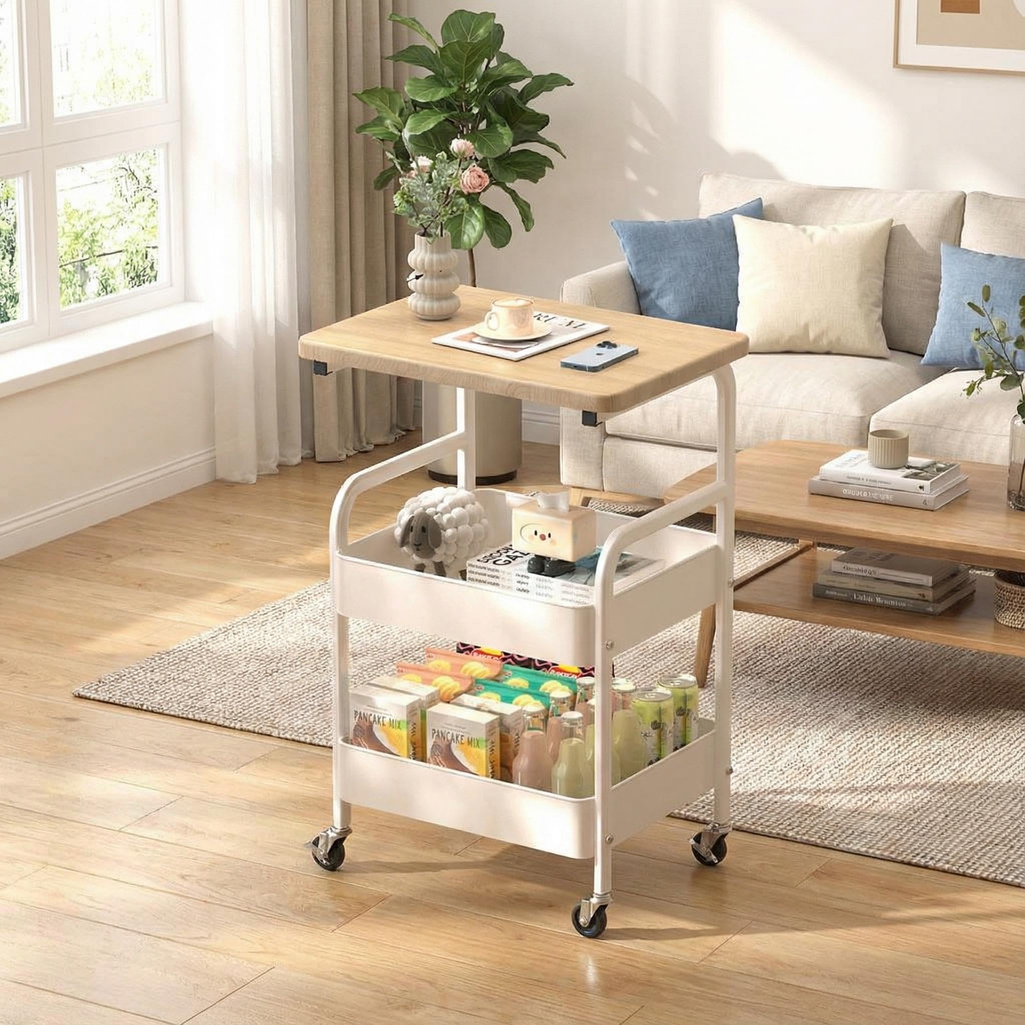 Garvee Carrito Multiusos Móvil De 3 Niveles con Tablero De Madera De Nogal, Estructura De Metal Resistente, 2 Ruedas Bloqueables, Organizador De Almacenamiento Multiusos