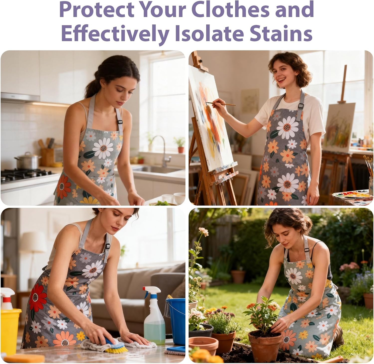3 Pack ‌Floral Apron‌ for Women with Pockets, Adjustable ‌Aprons for Women‌ for Kitchen Cooking