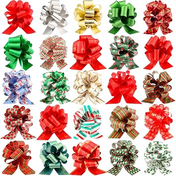 50 Pcs Christmas Pull Bows Gift Wrapping 5 Inch Pull Wrapping Bows for Christmas Tree Decoration Gifts Florist Bouquet Baskets Wreath Decor Easy to AssembleClassic