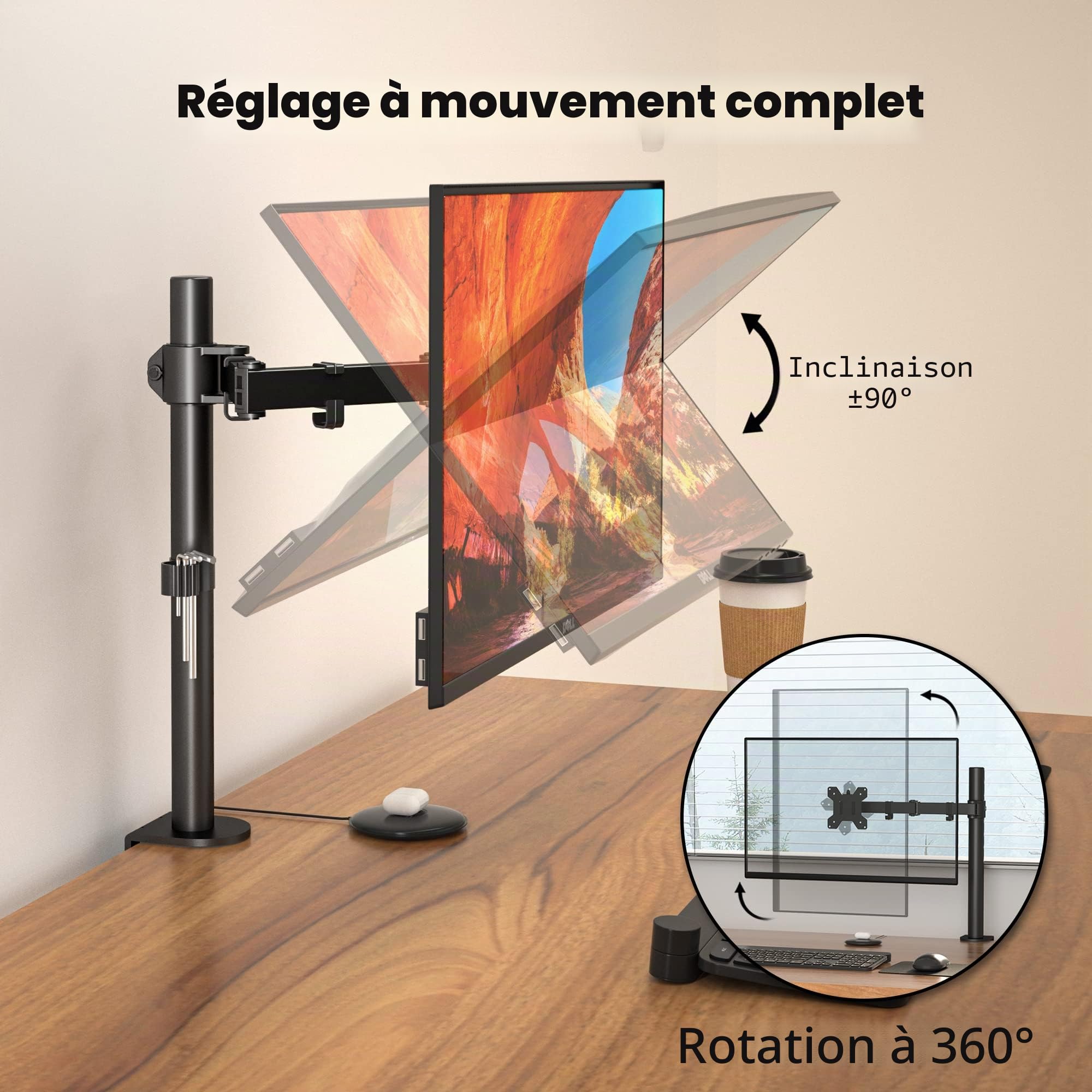 BONTEC Support Ecran PC 13-32 Pouces, Capacité 10 kg, VESA 75x75-100x100 mm, Réglable Hauteur Inclinable Pivotant