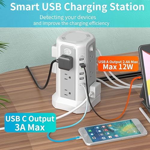 Miniatura 3 de Torre de regleta de alimentación con protector de sobretensiones (13A 1625W) con 5 puertos USB (1 PD 20W), cable de extensión de 10 pies con 12