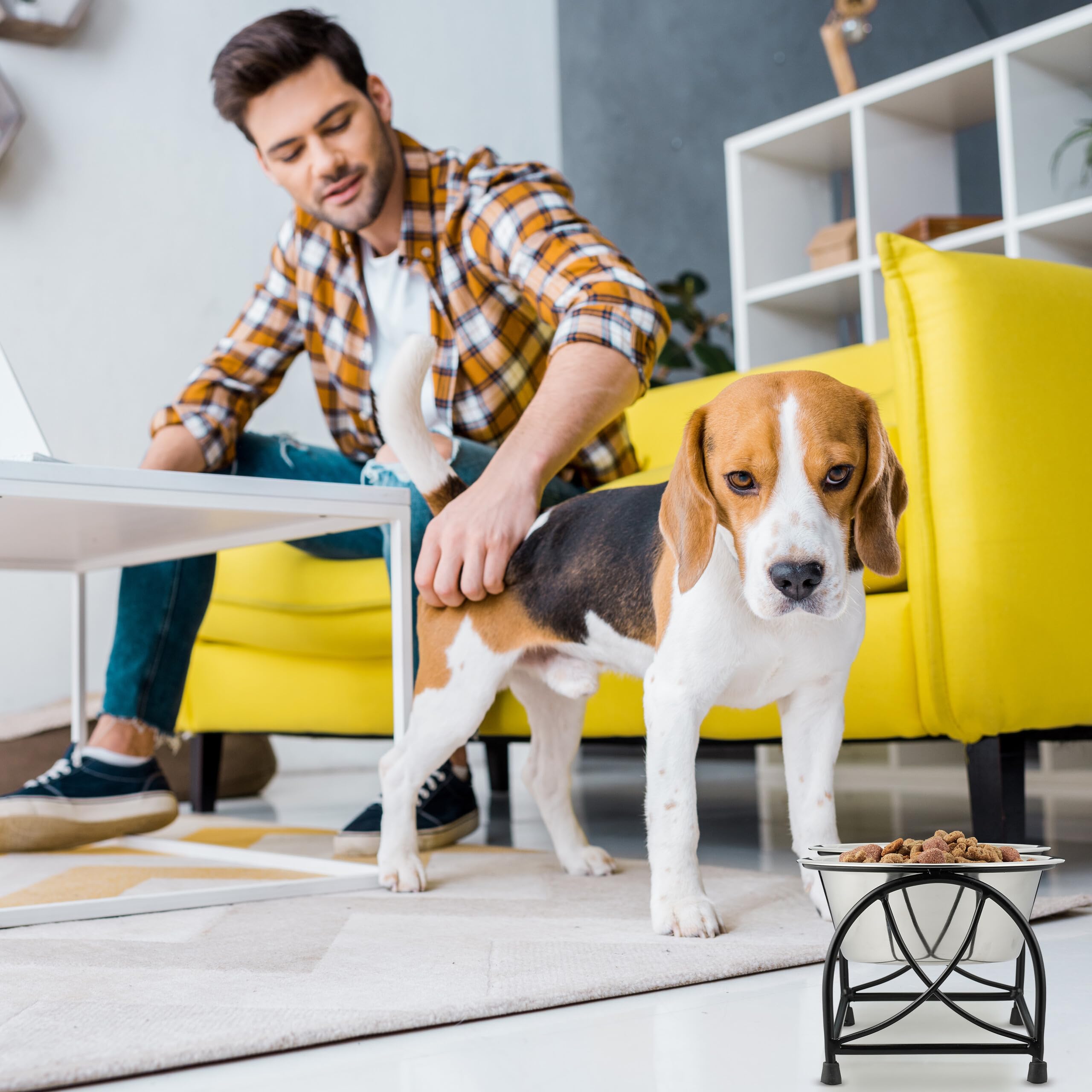 Relaxdays Gamelles, Support pour Petits Chiens, avec 2 Bols en Acier Inoxydable de 1 L chacun, Noir - argenté