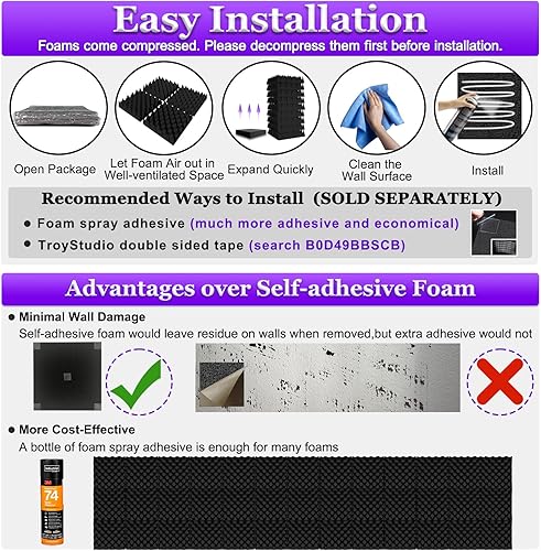 Miniatura 6 de TroyStudio Paneles de espuma acústica gruesa, 12 x 12 x 3 pulgadas, 12 piezas de espuma de banda ancha que absorbe el sonido, azulejos acolchados