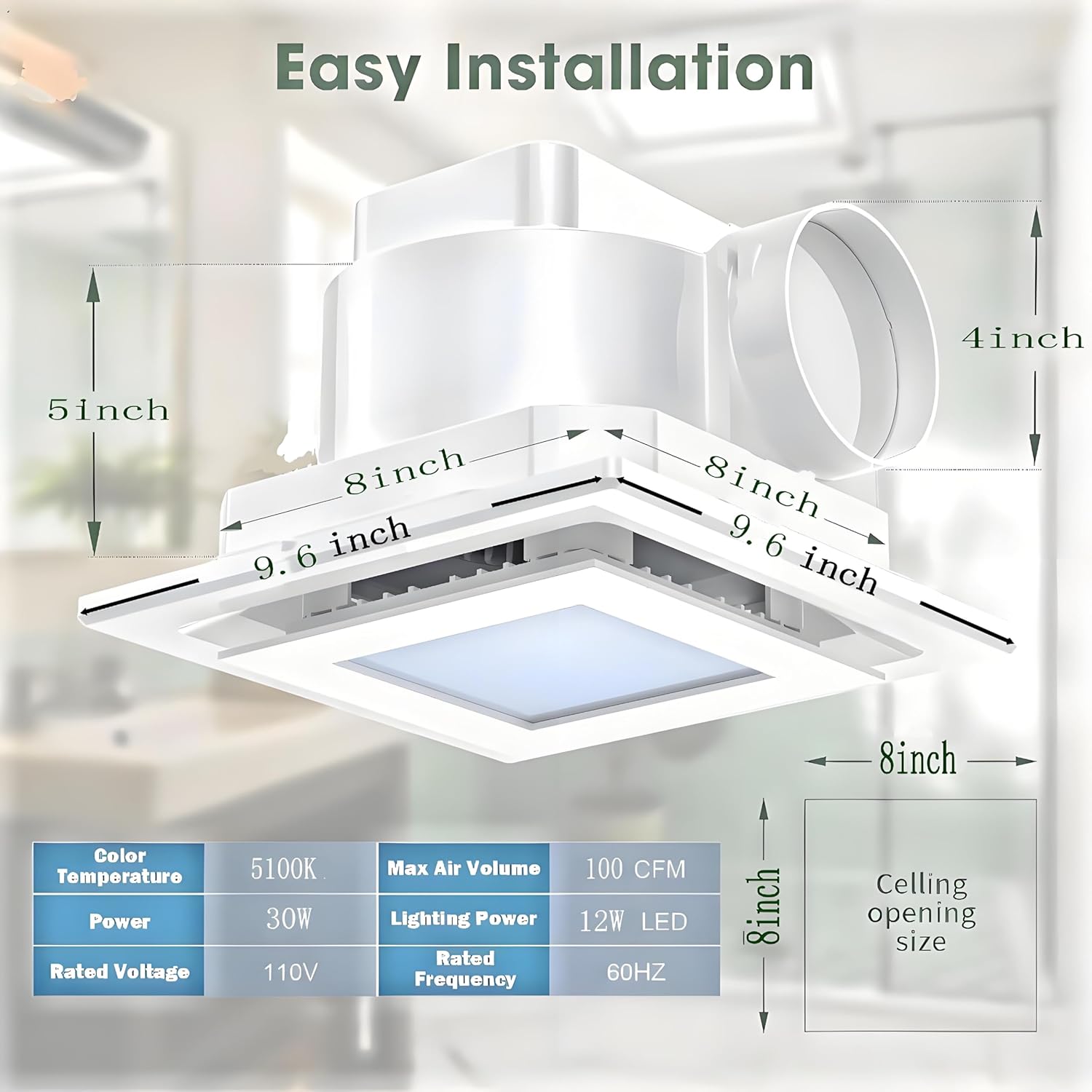 Bathroom Exhaust Fan with LED Light Ceiling Mount Ventilation Fan 120 CFM,Voltage 110V,4 Inch Duct Quiet Bathroom Ventilation Exhaust Fan for Shower/Restroom/Office