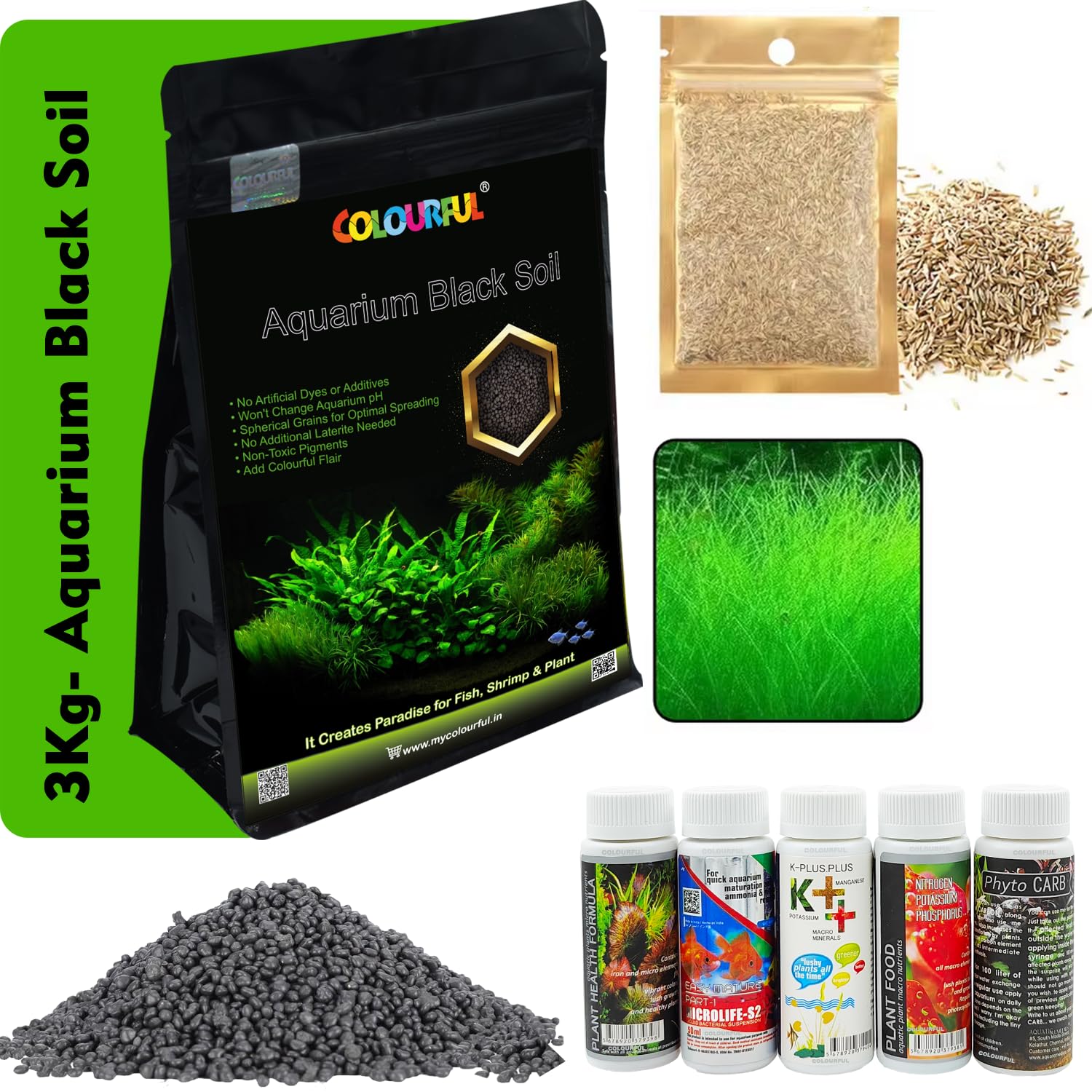 COLOURFUL - Planted Aquarium Black Soil Substrate Aqua Soil for Fish Tank | Live Planted Aquarium | Seeds and Plant Fertilizers (3Kg Soil + Grass Plant Seeds Small + 5 in1 Plant Fertilizers Medicine) (B0D6Z3M4NS) Amazon Price History, Amazon Price Tracker
