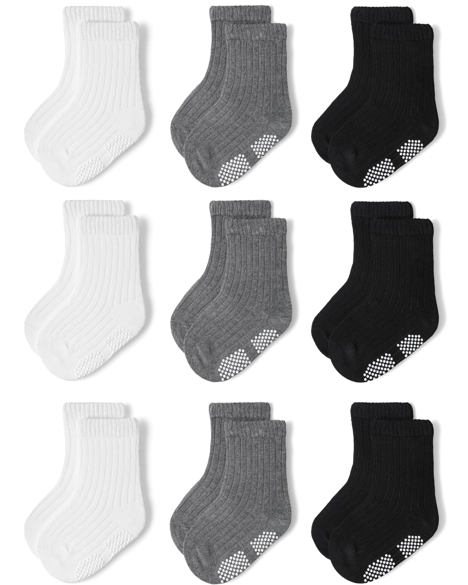 Baby Toddler Crew Socks, Non Slip Sole Combed Cotton for Boy Girl 9 Pairs