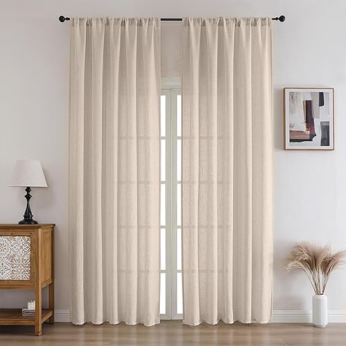 CUCRAF Cortinas traslúcidas blancas bordadas geométricas de lino sintético con ojales, cortinas de ventana de gasa para sala de estar, dormitorio,