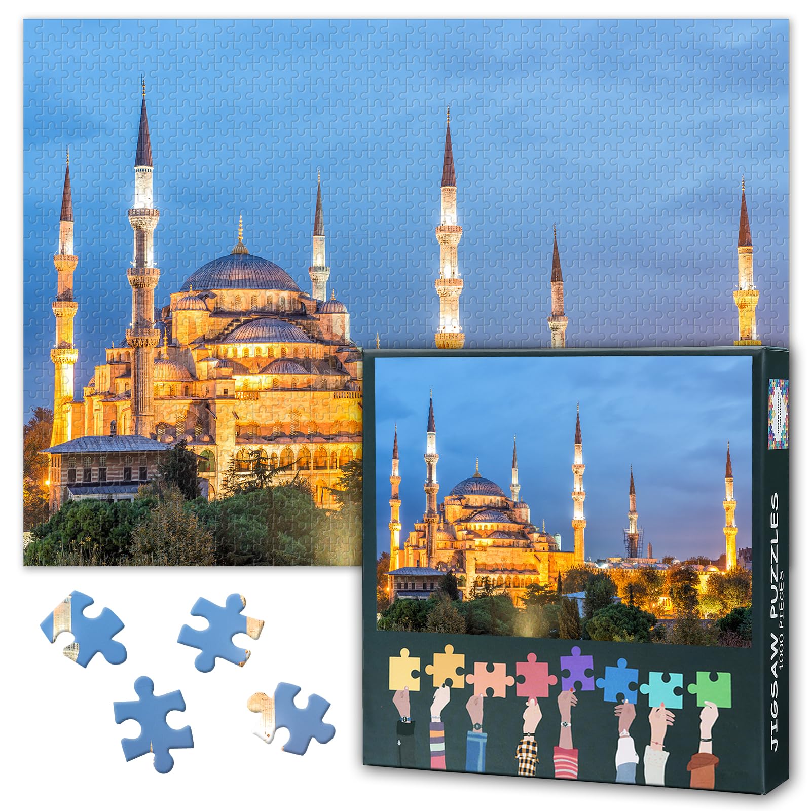 Jigsaw Puzzle 1000 Pieces for Adults Night View of Blue Mosque Istanbul Turkey Islamic Wall Art Cityscape Home Decor Challenging Large Puzzle 27.5x19.7 Inch