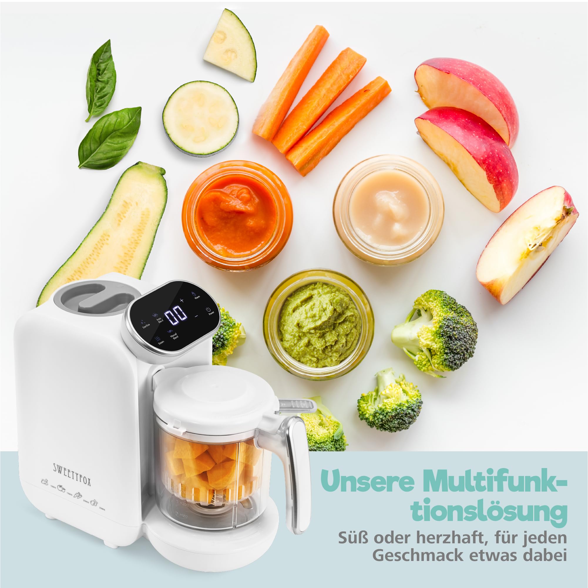 Sweety Fox - Babynahrungszubereiter Mixer - 7 Funktionen - Dampfgaren, Mixen, Pulsfunktion, Selbstreinigung, Sterilisieren, Aufwärmen, Auftauen - Babybrei Zubereiter