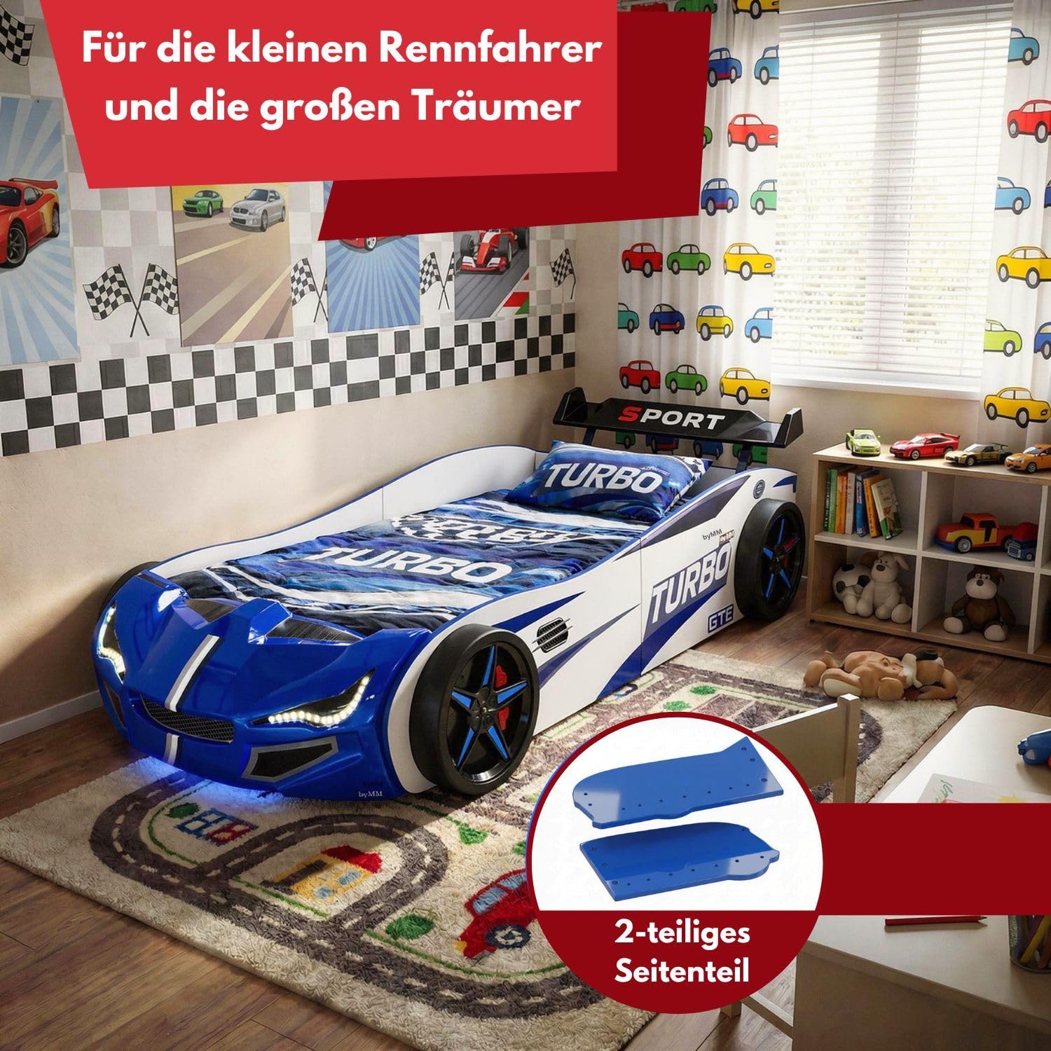 Coemo Autobett GTE Kinderbett 90x200 Rennwagenbett inkl. Rollrost, Sound Hupe Motor, LED-Leuchte Bett Farbe Blau Sportwagen-Design Spoiler