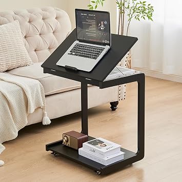 CozyDH C Shaped Rolling Side Table - Black Solid Wood End Table with Wheels and Tilting Top for Sofa, Living Room, Bedroom, Laptop Tray Couch Desk