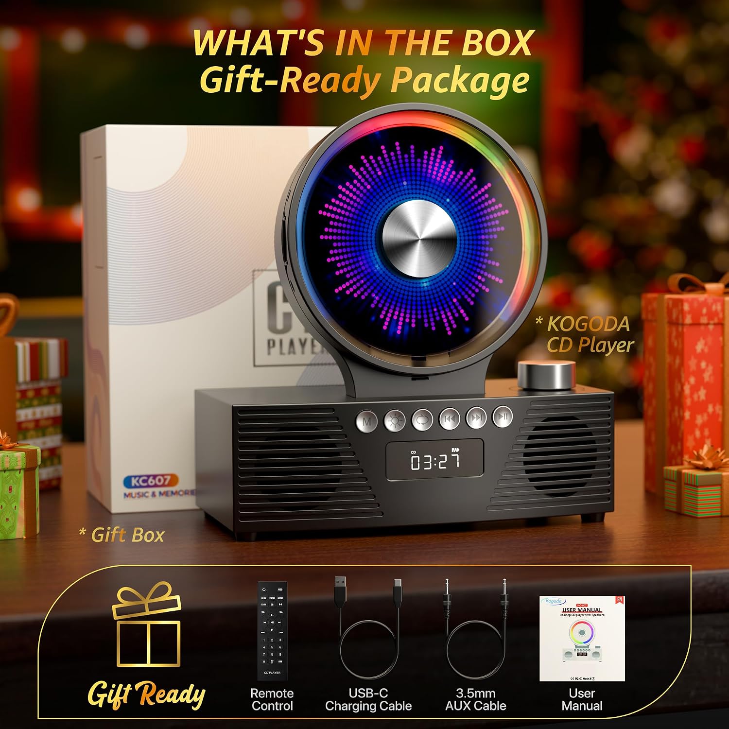 KOGODA Retro CD Player with Bluetooth 5.3 & Dual Speakers, 4000mAh Rechargeable, 6-in-1 Playback (CD/USB/TF/FM/AUX/BT), RGB Light, Portable Desktop CD Player for Home, Vintage Gift for Music Lovers