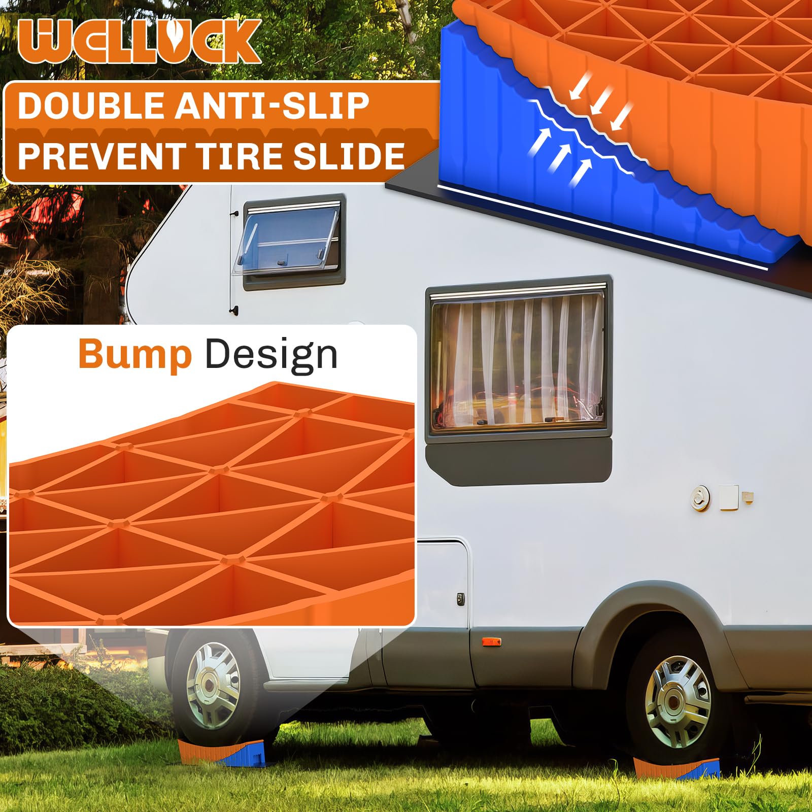 WELLUCK Wohnmobil-Nivellierblöcke, Wohnmobil-Unterlegkeile bis zu 15,9 kg, 2 Packungen, robustes, gebogenes Wohnmobil-Nivellier-Set mit Anti-Rutsch-Matten, Tragetasche für Reiseanhänger