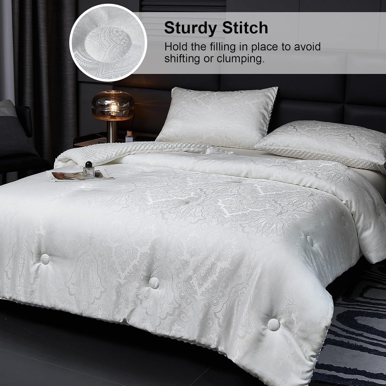 jacquard comforter set - luxury warm paisley floral pattern king size bedding with 2 pillowcases all-season soft & lightweight 3d bubble design bed set (104x90 inches white) white king(104"x90")