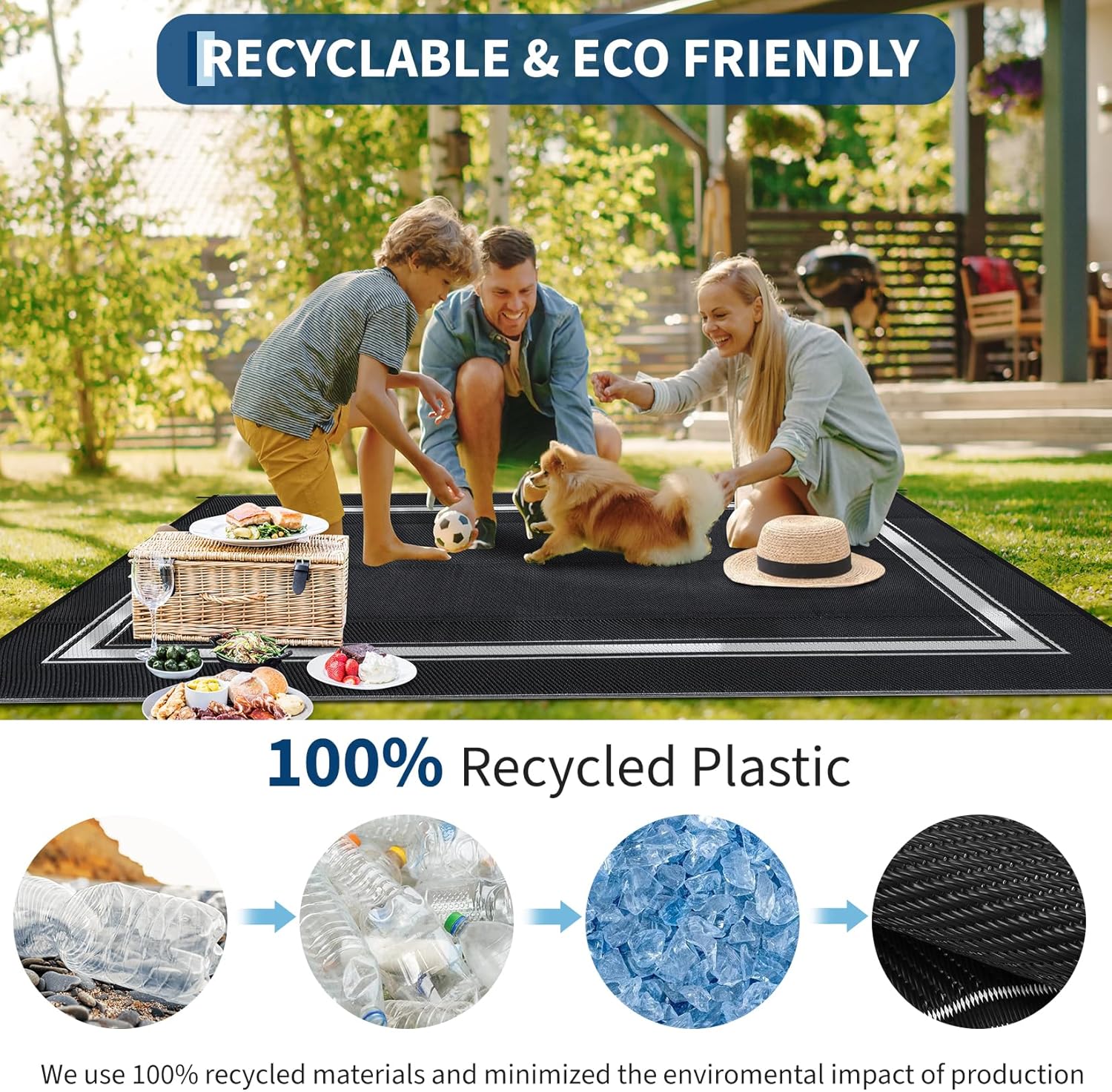 COZYLOOM Large Outdoor Rugs 9x18 Waterproof Plastic Straw Rug for Patio, Reversible Modern Bordered Camping Rug with Portable Bag & Stakes, Foldable & UV Resistant, Outdoor Carpet for Yard Deck, Black