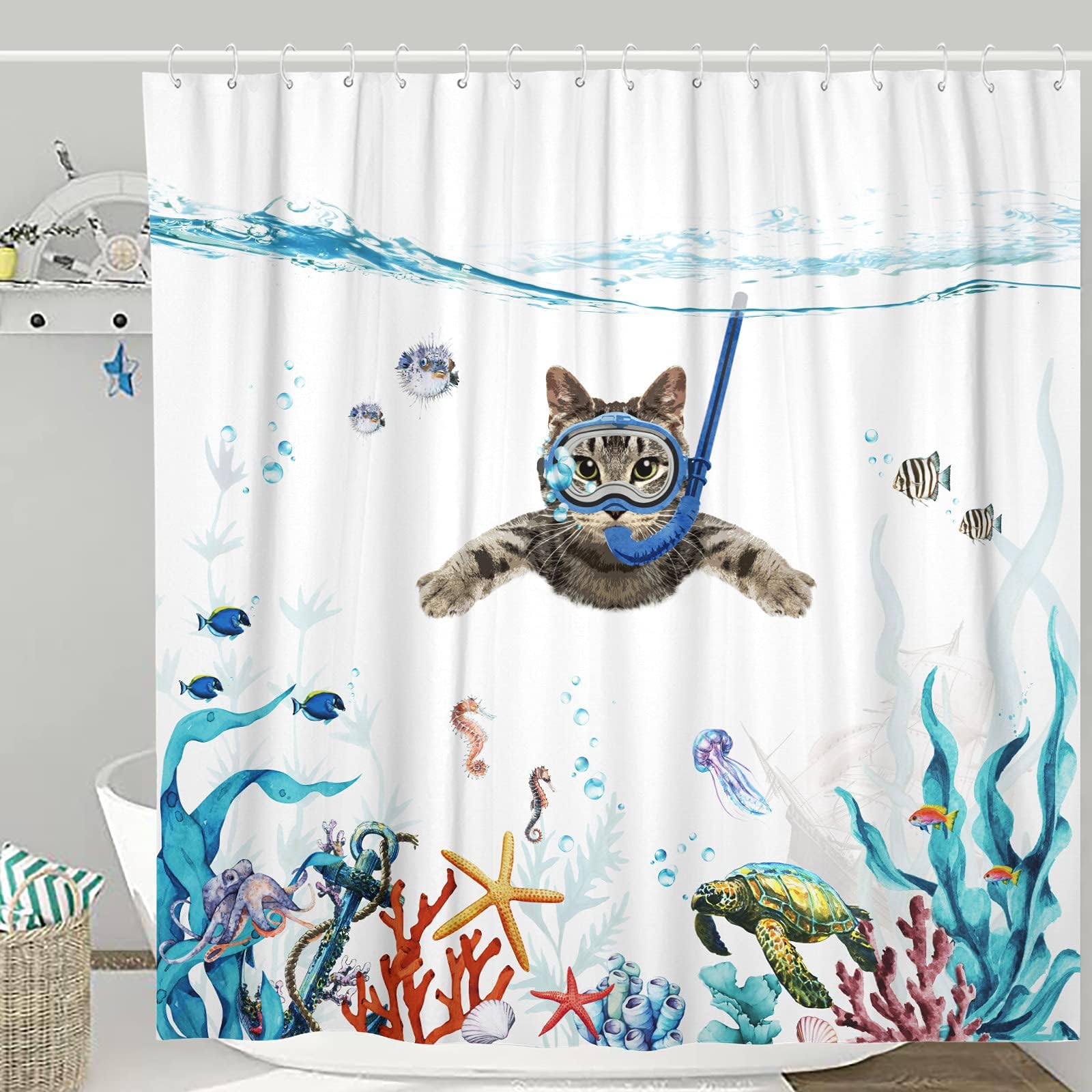 Fowocu Funny Cat 84 Inch Shower Curtain Set Teal Blue Sea Ocean Waterproof Fabric Shower Curtains with Animal Octopus Starfish Turtle Anchor Fish Nautical Bathroom Curtain Decor (Blue, 72''×84'')
