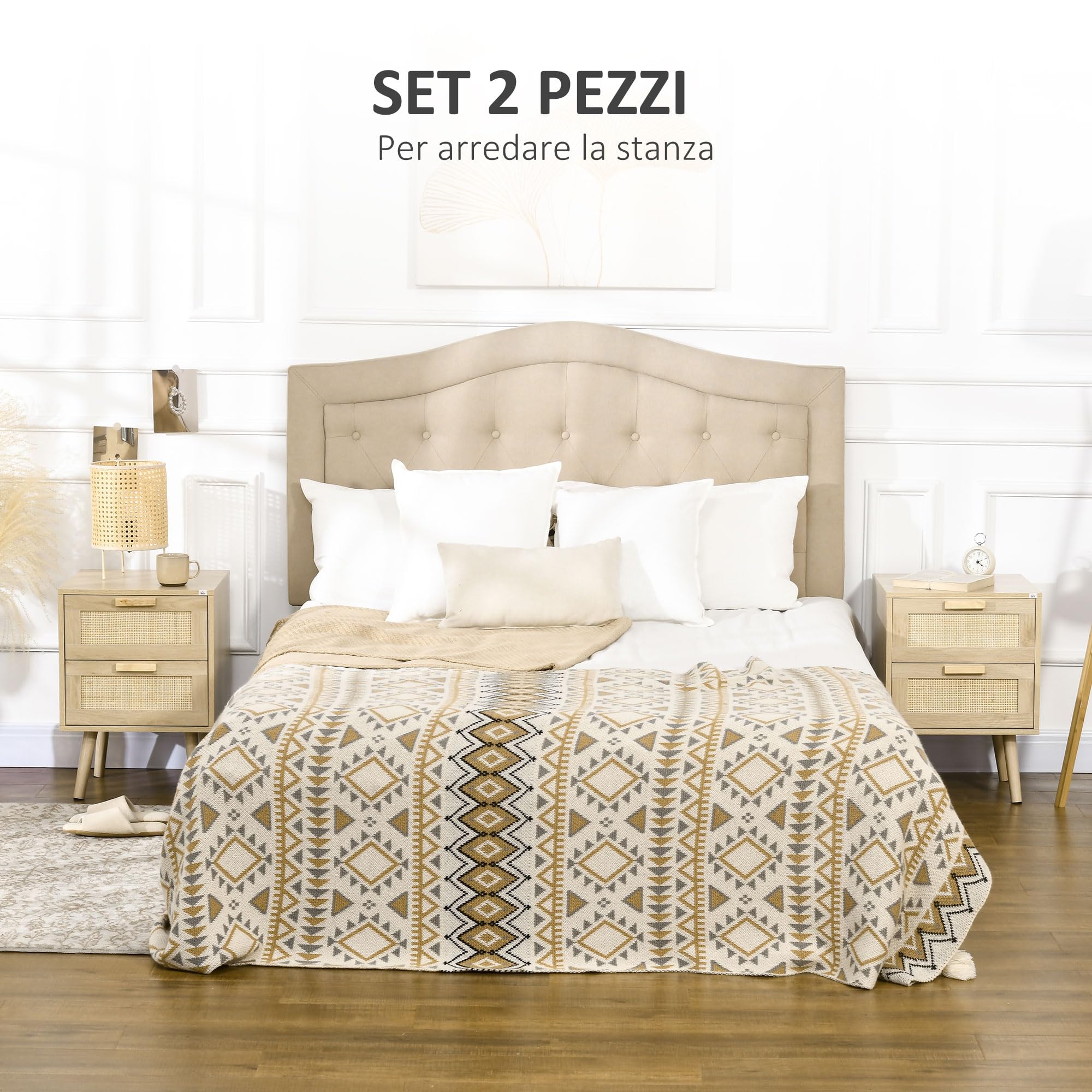 HOMCOM Set di 2 Comodini per Camera da Letto, Comodini Stile Boho Eleganti con 2 Cassetti, 40x40x56cm, Colore Legno Naturale