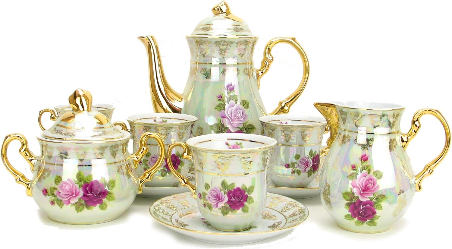 Euro Porcelain 17-pc Vintage Pink & Red Roses Tea Cup Coffee Set, White Pearlescent Floral Pattern 24K Gold Plated, Complete Service for 6 - Original Czech Tableware