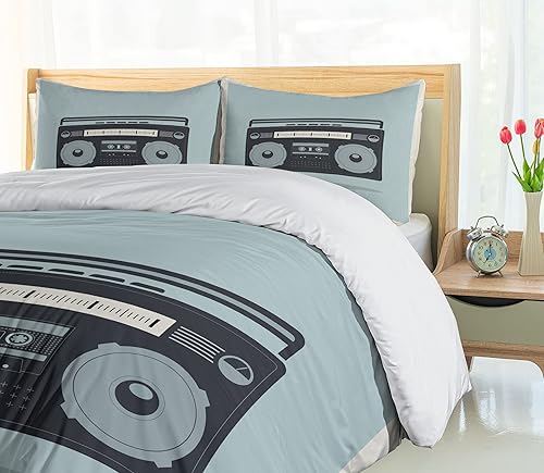 Miniatura 4 de Ambesonne Hip Hop Duvet Cover Set, Classic 1980s Boombox Image on Doodle Retro Background Nostalgic Urban Ghetto Theme, Decorative 3 Piece Bedding