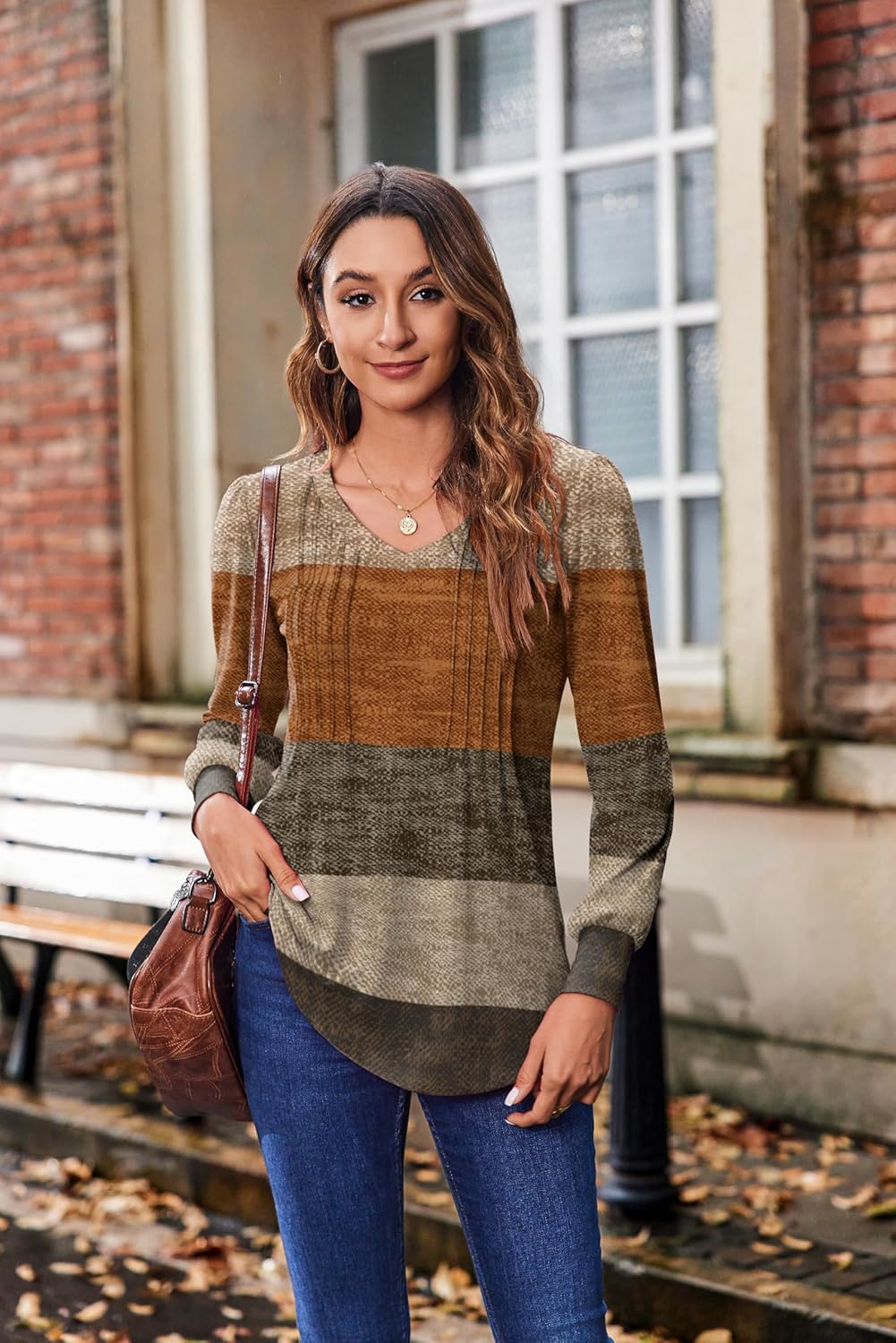 Zeagoo Women's Puff Long Sleeve Shirts Pleated V Neck Fall Tunic Tops Blouse Dressy Casual Summer T-Shirts - Image 3