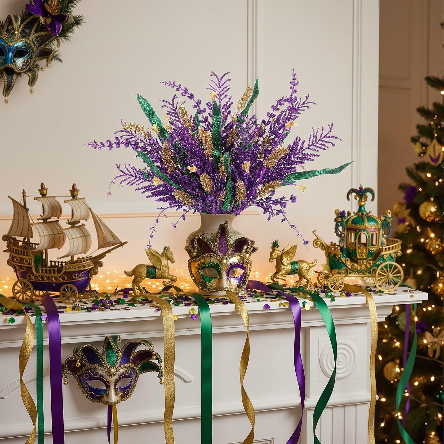 Suncalla 8 Pcs Mardi Gras Glitter Berries Stems 17 Inch Purple Green and Gold Berry Branches Artificial Picks Sprays for Mardi Gras Party Decorations Table Centerpiece Decor