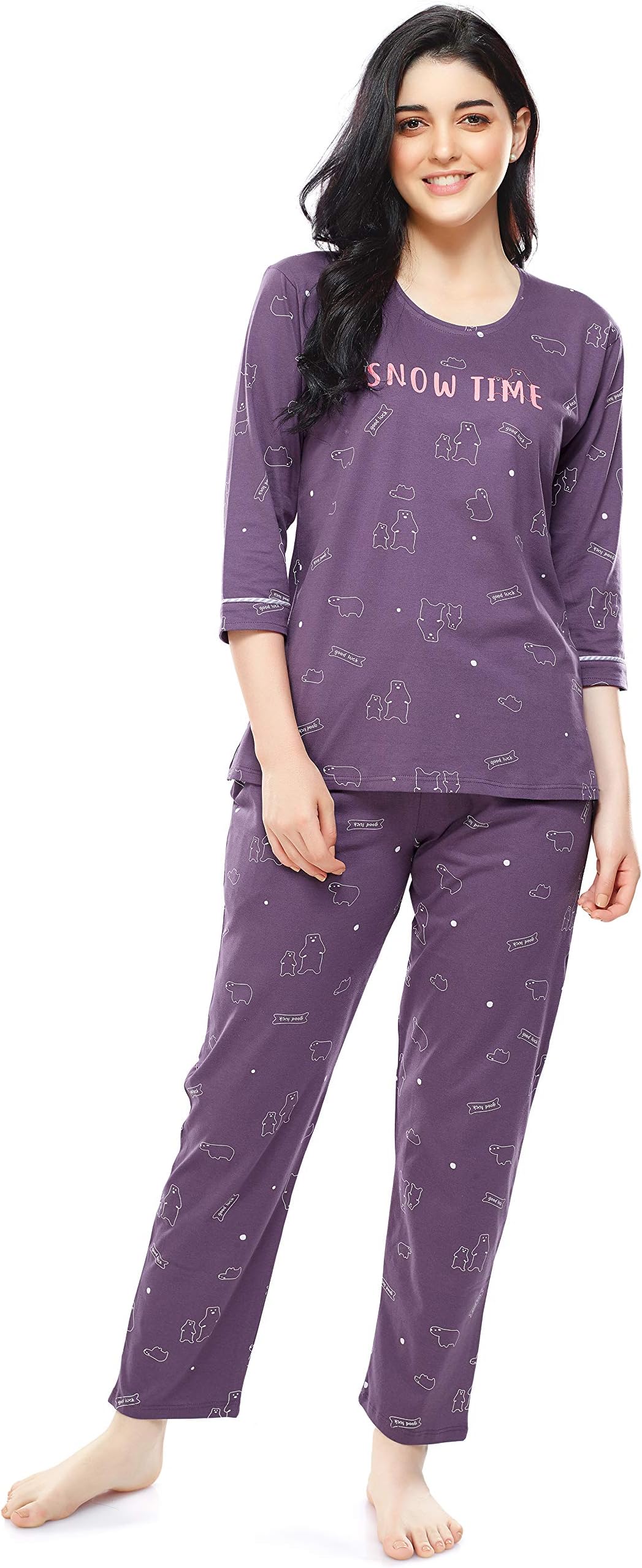 ZEYOWomen's Cotton Polar Bear Printed Purple Night Suit Set of Top & Pyjama 5287