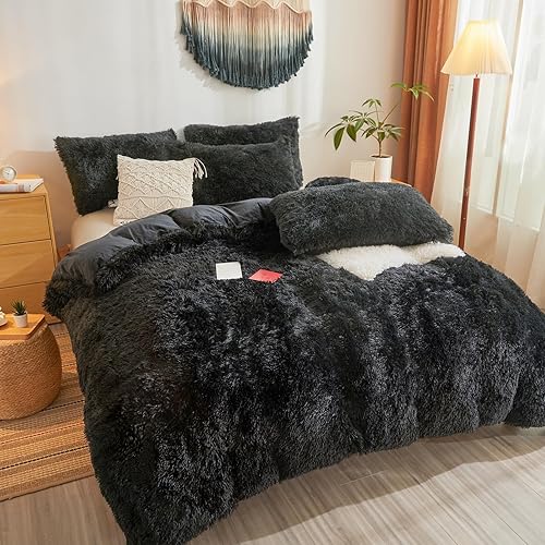 Miniatura 131 de Juego de funda de edredón rosa esponjosa tamaño Queen – Juego de ropa de cama de felpa de pelo sintético rosa de 3 piezas