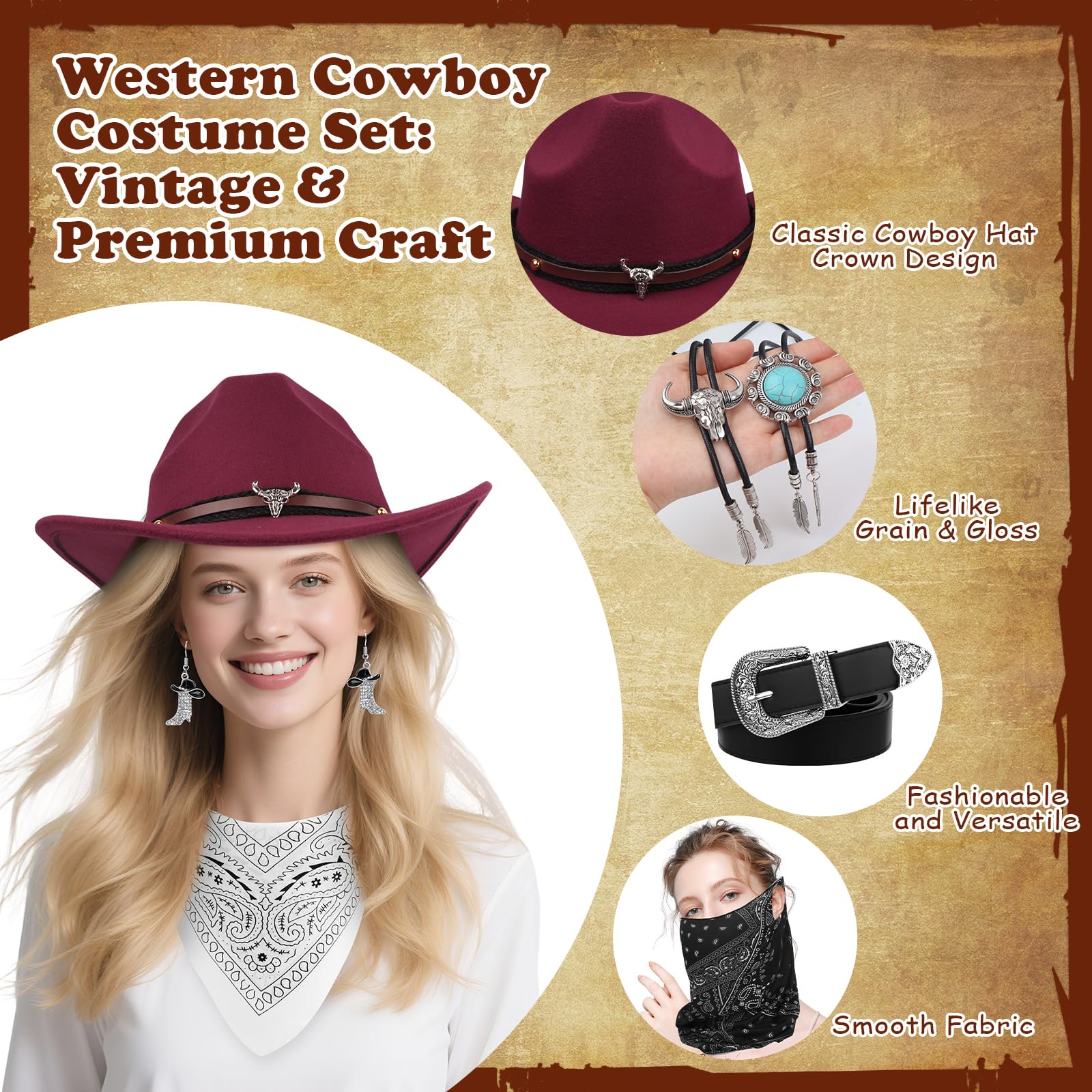 FICOFISE Cowboy Costume Gift Set: 8 Pcs Western Accessories for Adults The Perfect Wild West Fancy Dress for Christmas New Year Party - Image 4