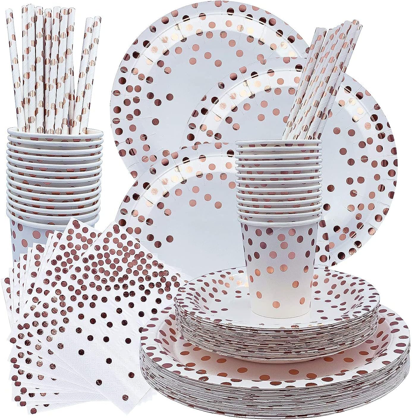 120pcs Rose Gold Party Tableware, White and Rose Gold Party Plates Napkins Cups Paper Straws for Birthday Weddings Anniversary Tableware(Serve 24 Guest)