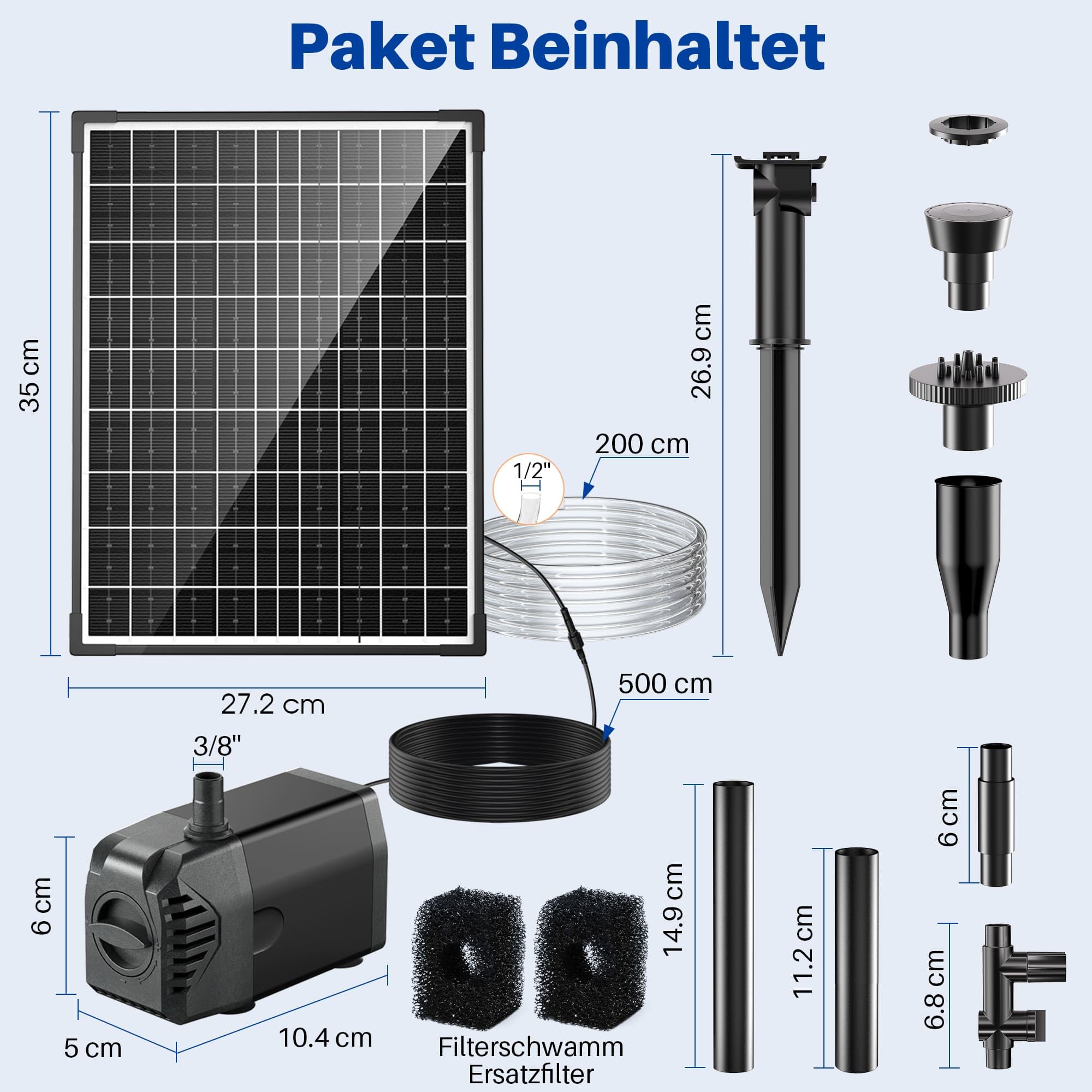 Biling Fontanna solarna 20 W do użytku na zewnątrz z 4 dyszami, 875 l/h, fontanna solarna do użytku na zewnątrz, średnie oczka wodne (5-10 ㎡), cicha pompa do stawu, do ogrodu, na taras, fontannę