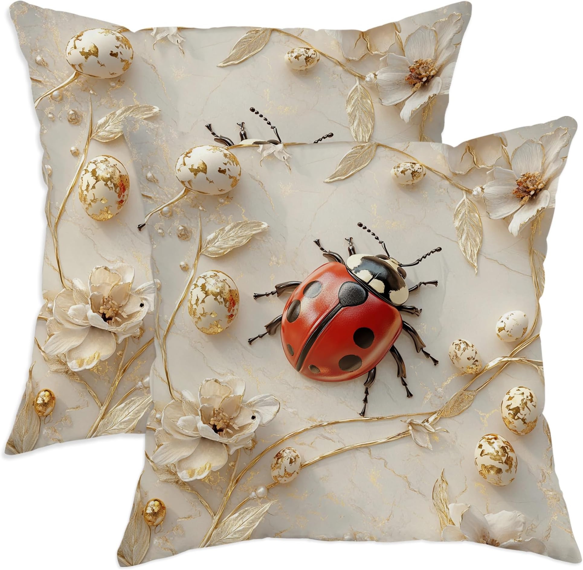 Spring Easter Ladybugs Throw Pillow Covers 16x16 Set of 2, Soft Comfy Luxury Relief Eggs Pillow Cases Kit, Floral Pattern Velvet Decorative Couch Sofa Living Room