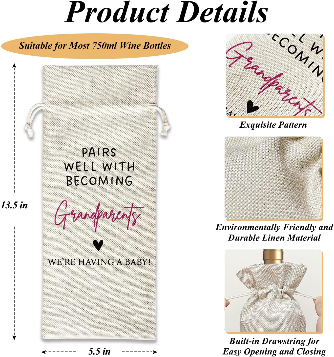Pregnancy Announcement Wine Bag - Pairs Well With Becoming Grandparents, Wine Bottle Bags Gifts for Parents, Baby Announcement Gifts For Mom Dad, 1Pc Reusable Gift Bag With Drawstring -12 - Image 2
