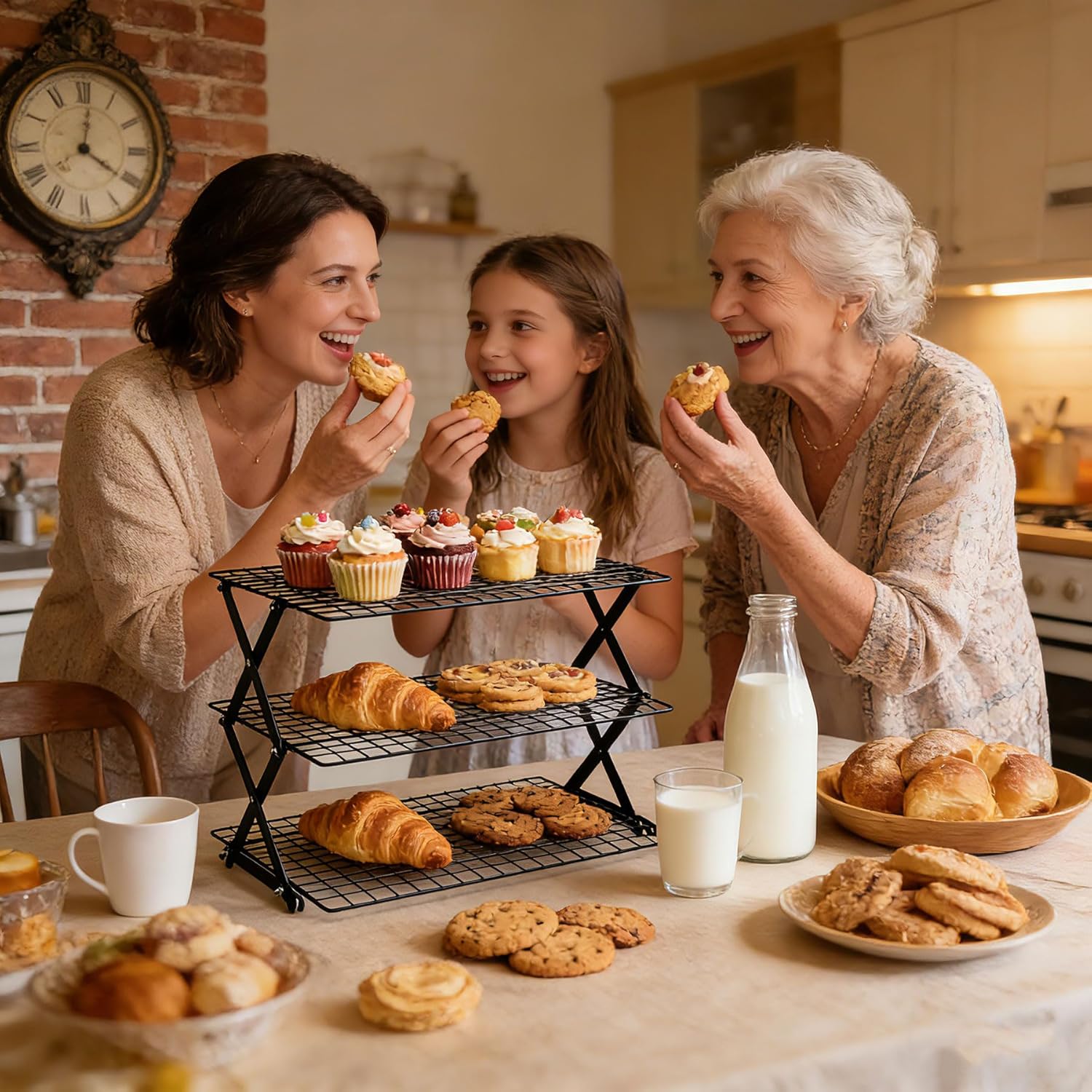 3-Tier Collapsible Cooling Rack with 3-Setting Design, Heavy-Duty Steel Baking Rack for Oven Safe Cooking & Space-Saving Storage